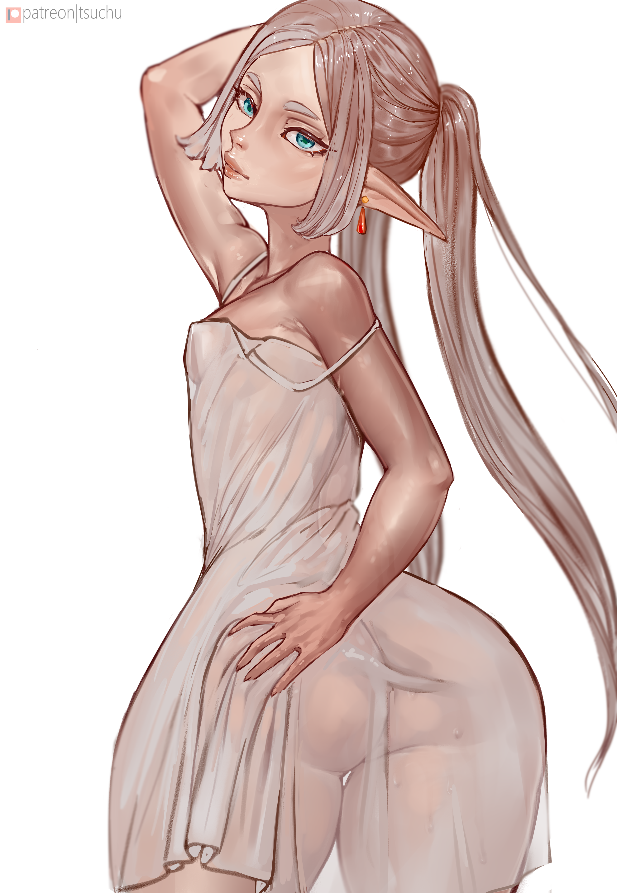 1girls, alternate version available, ass, ass focus, back, back view, big ass, blue eyes, clothing, dress, ear piercing, earrings, female, female only, frieren, hand behind head, hand on ass, huge ass, lips, pointy ears, solo, solo female, sousou no frieren, thighs, tsuchu0, twintails, white dress, white hair