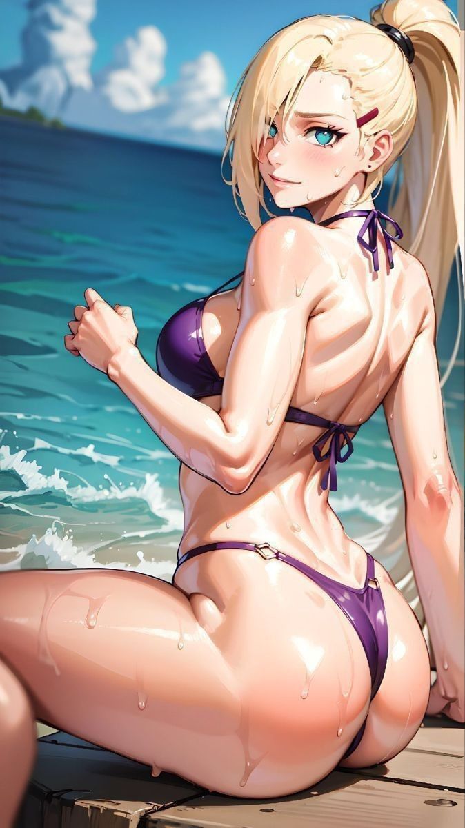 ai generated, ass, big ass, big breasts, bikini, bikini bottom, bikini top, blonde female, blonde hair, blue eyes, blush, blush lines, breasts, curves, curvy, curvy body, curvy female, curvy figure, curvy hips, curvy thighs, eyelashes, female, hair, hair ornament, hair over one eye, ino yamanaka, looking at viewer, naruto, naruto (series), naruto shippuden, smile, smirk, smirking, smirking at viewer, thick, thick thighs, toned, toned female