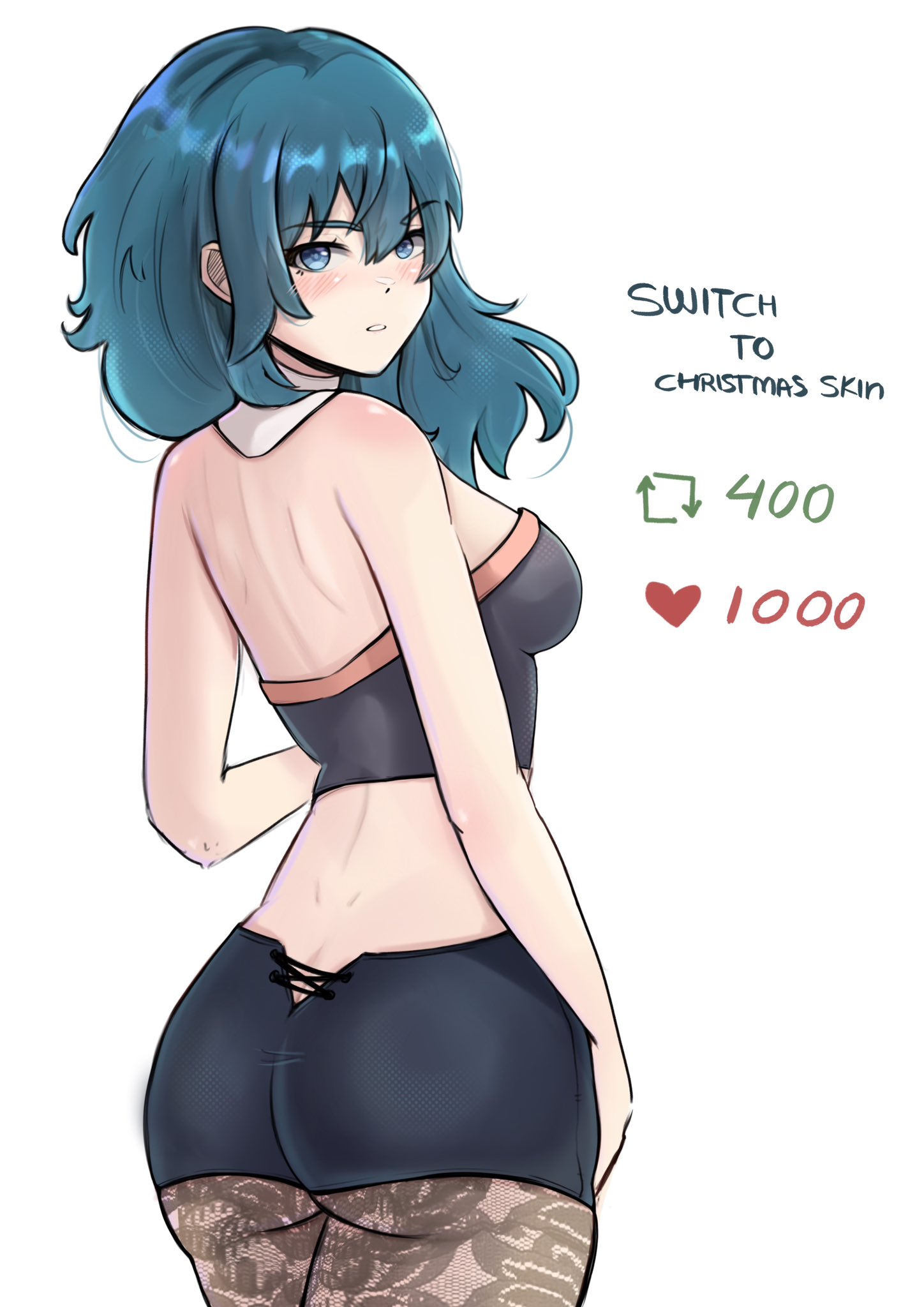 1girls, alternate version available, ass, ass crack, back, back view, backless outfit, bare back, big ass, black shorts, blue eyes, blue hair, breasts, butt crack, byleth (fire emblem), byleth (fire emblem) (female), chascoby, female, female only, fire emblem, fire emblem: three houses, from behind, highres, lace, leggings, legwear, looking at viewer, looking back, medium breasts, meme, nintendo, pantyhose, shorts, solo, teal hair, twitter strip game, white background