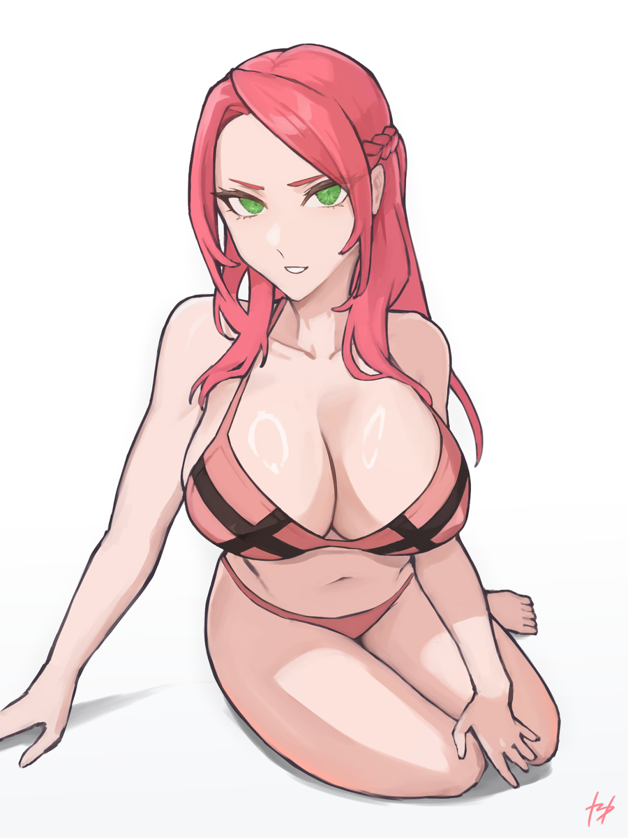 1girls bikini breasts dragon_keeper female female_only fukuya_art go!_go!_loser_ranger! green_eyes human pink_bikini pink_hair pink_keeper ranger_reject sakurama_sesera sentai_daishikkaku smile solo thighs