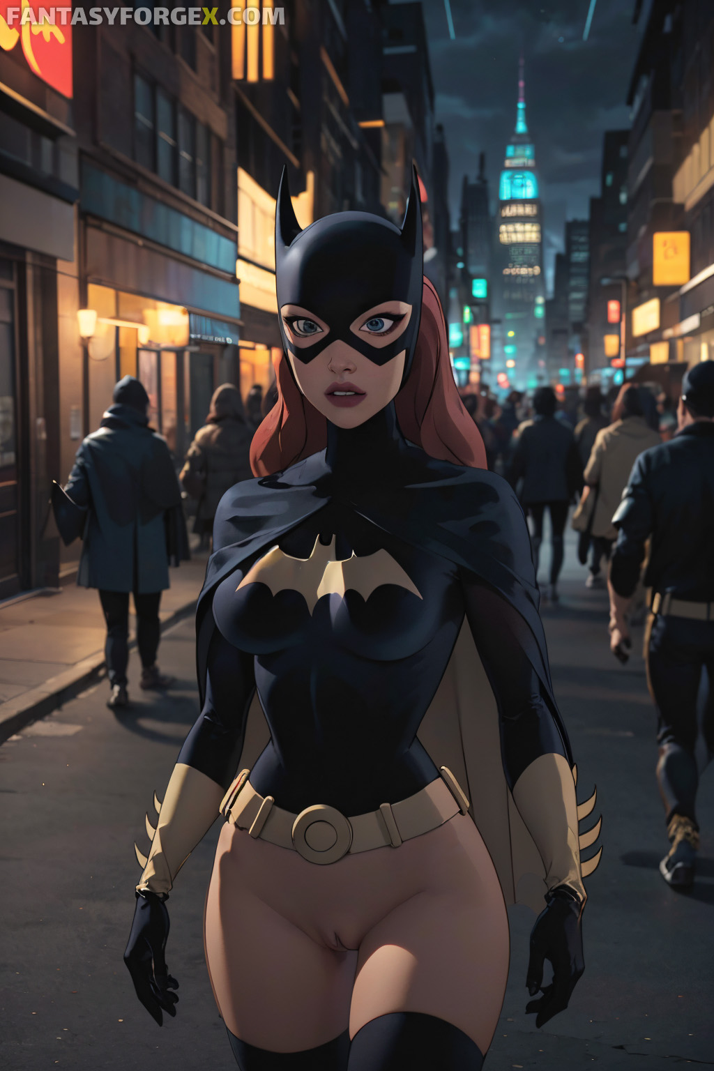 1girls 2d 2d_(artwork) ai_generated barbara_gordon batgirl batgirl_(the_killing_joke) batman:_the_killing_joke bottomless bottomless_female brown_hair cartoonforge cartoony dc hero_costume heroine medium_breasts naked naked_female nude nude_female patreon public public_nudity pussy red_hair skinny standing superhero_costume superheroine