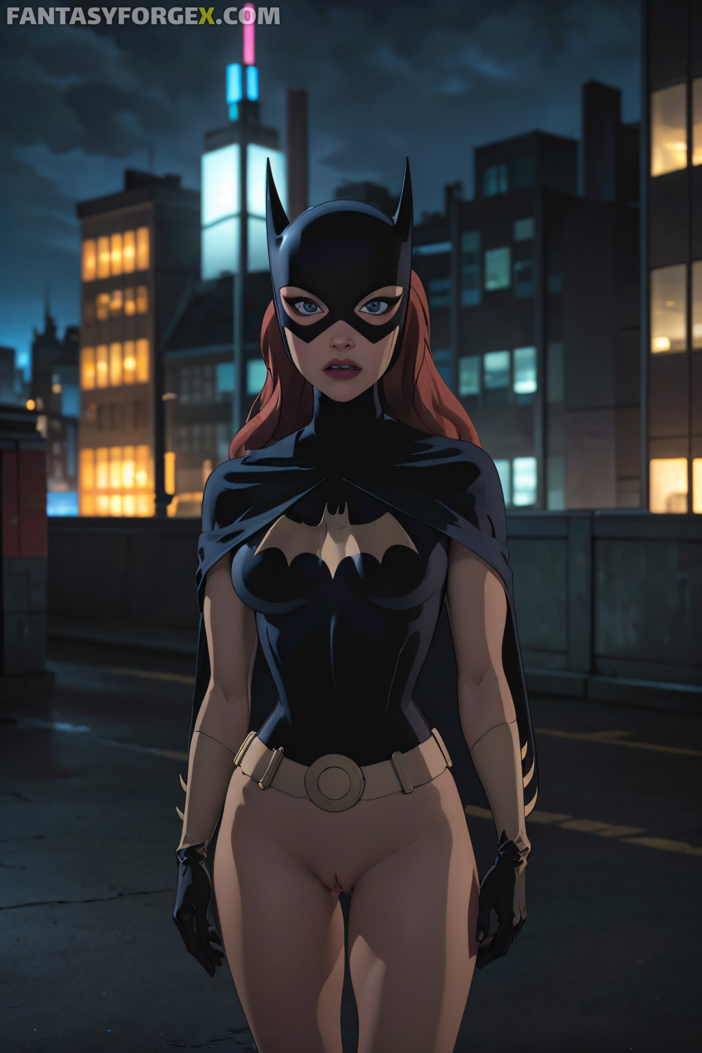 1girls 2d 2d_(artwork) ai_generated barbara_gordon batgirl batgirl_(the_killing_joke) batman:_the_killing_joke bottomless bottomless_female brown_hair cartoonforge cartoony dc hero_costume heroine medium_breasts naked naked_female nude nude_female patreon public public_nudity pussy red_hair skinny standing superhero_costume superheroine