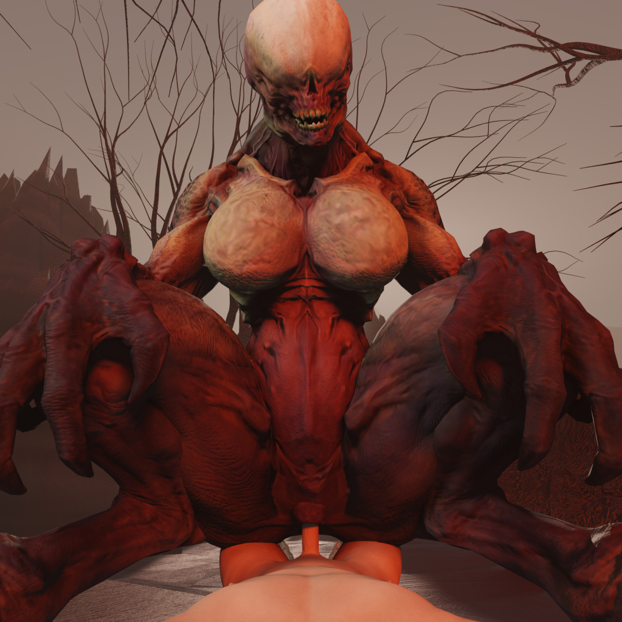 blender, breasts, claws, cowgirl position, demon, demon girl, doom, eyeless, female, hell, hell knight (doom), human, humblestone2, male, male/female, monster girl, video games
