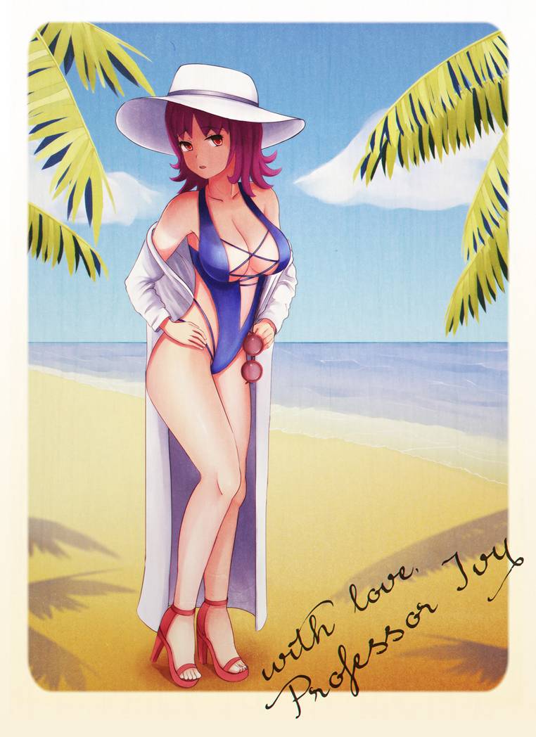 1girls beach beach_hat big_breasts cleavage dpannkaka female female_only fully_clothed hand_on_hip hat high_heels labcoat long_legs milf nintendo ocean one-piece_swimsuit open_toe_footwear open_toe_heels open_toe_shoes pannkaka666 philena_ivy pokemon pokemon_professor posing postcard professor professor_ivy_(pokemon_anime) purple_hair red_eyes red_high_heels signed solo sunglasses swimsuit