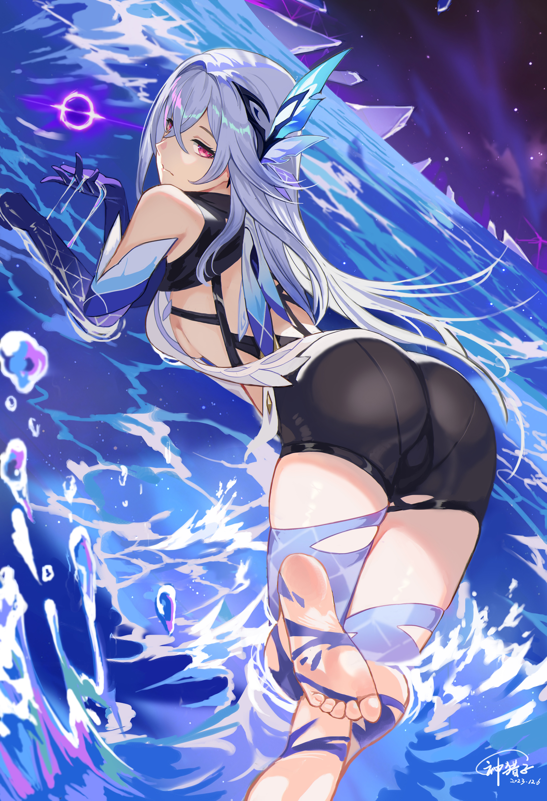 absurdres, ass, bare shoulders, black shorts, breasts, female, foot out of frame, genshin impact, god hunter, grey hair, hair ornament, highres, hoyoverse, long hair, looking at viewer, medium breasts, pink eyes, short shorts, shorts, skirk (genshin impact), solo, thighs, very long hair