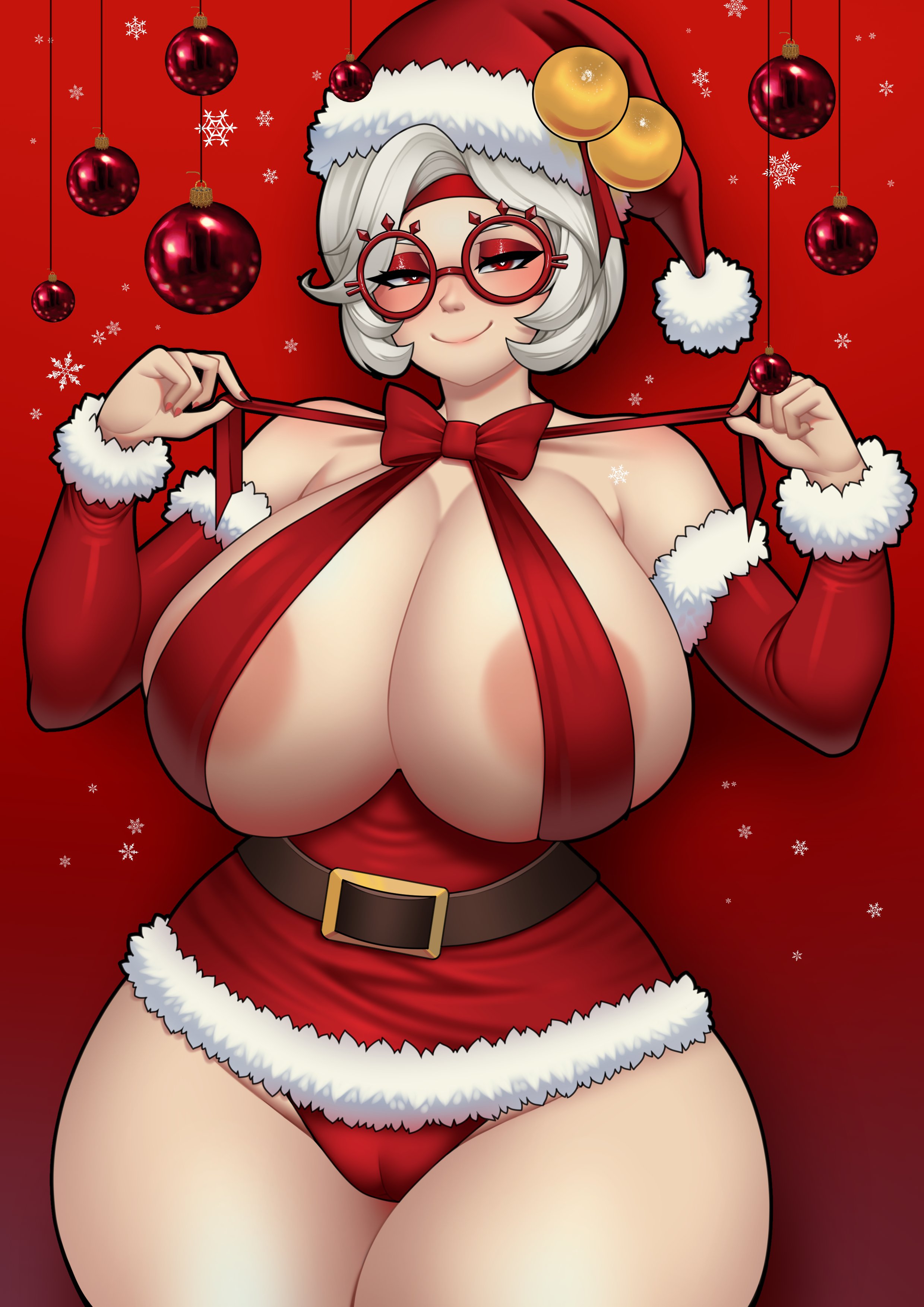 1girls, alternate breast size, breasts, christmas, female, hi res, hips, huge breasts, large breasts, light skin, light-skinned female, nikowhith, nintendo, purah, purah (tears of the kingdom), red eyes, tears of the kingdom, the legend of zelda, thick thighs, thighs, white hair, wide hips