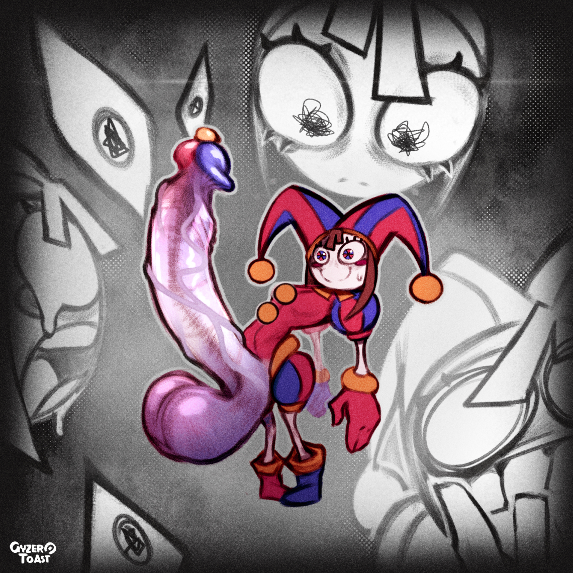 balls, female, futa only, futanari, gyzertoast, hyper penis, intersex, jester girl, penis, pomni, pomni (the amazing digital circus), small but hung, the amazing digital circus