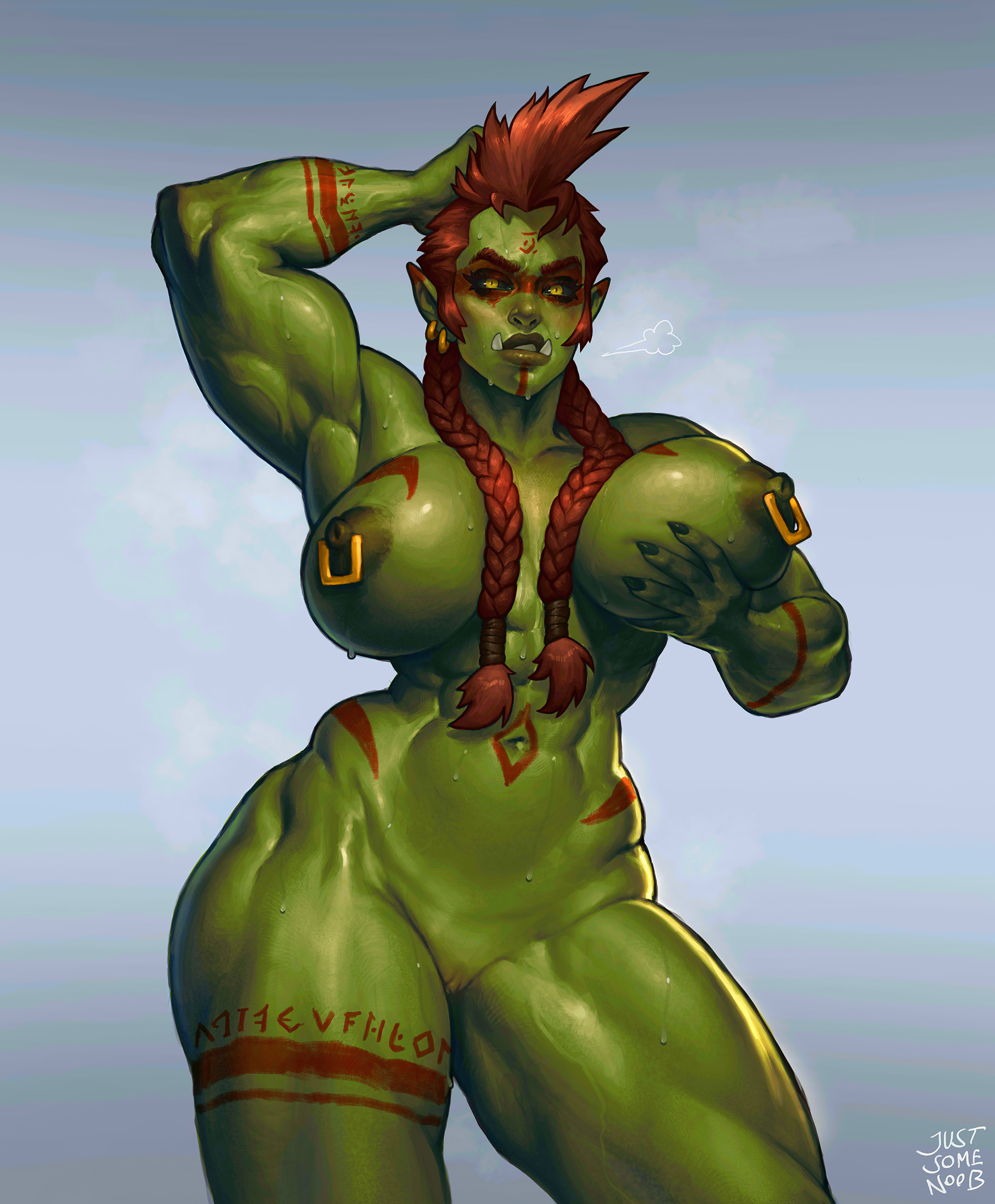 1girls, 2023, abs, areolae, arm up, armpits, artist name, belly button, biceps, big breasts, big lips, black sclera, body writing, bodypaint, braid, breast grab, breasts, breath, busty, clitoral hood, clitoris, completely nude, cowboy shot, curvaceous, curvy, dark nipples, ear piercing, earrings, eyelashes, face markings, facepaint, female, front view, genitals, green body, green skin, hair, hair between breasts, hand behind head, hand on head, hi res, holding breast, huge thighs, humanoid, justsomenoob, large breasts, legs apart, long hair, looking at viewer, mohawk, muscular, muscular arms, muscular female, muscular legs, muscular thighs, naked, navel, nipple piercing, nipple rings, nipples, nude, nude female, orange hair, orc, orc female, original, original character, piercing, plump lips, pointy ears, pose, posing, presenting, presenting breasts, pussy, red hair, signature, simple background, solo, standing, stomach, sweat, sweatdrop, sweating, sweaty body, sweaty breasts, teeth, teeth showing, thick lips, thick thighs, thighs, tusks, twin braids, vagina, voluptuous, wide hips, yellow eyes