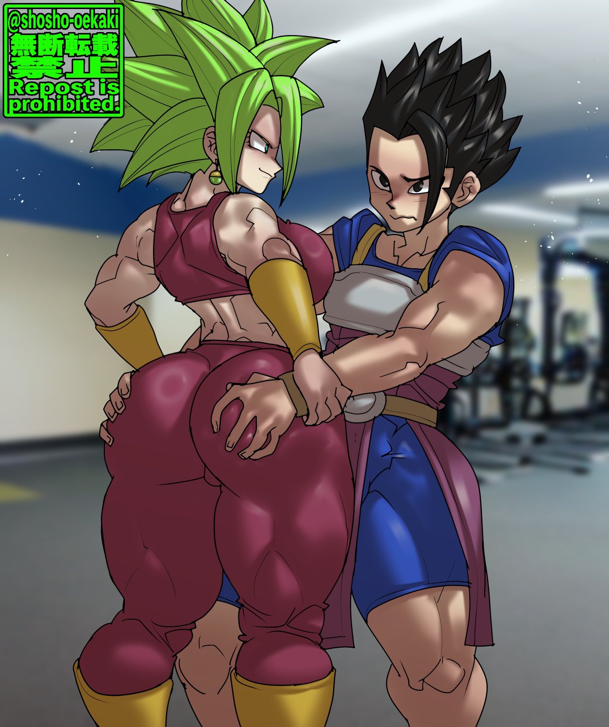 1boy 1girls ass ass_grab big_ass big_breasts big_butt black_hair blue_eyes cabba dragon_ball dragon_ball_super dragon_ball_z fat_ass female grabbing grabbing_ass green_hair gym kefla large_breasts male potara_earrings saiyan shosho_oekaki thick_thighs thighs wide_hips