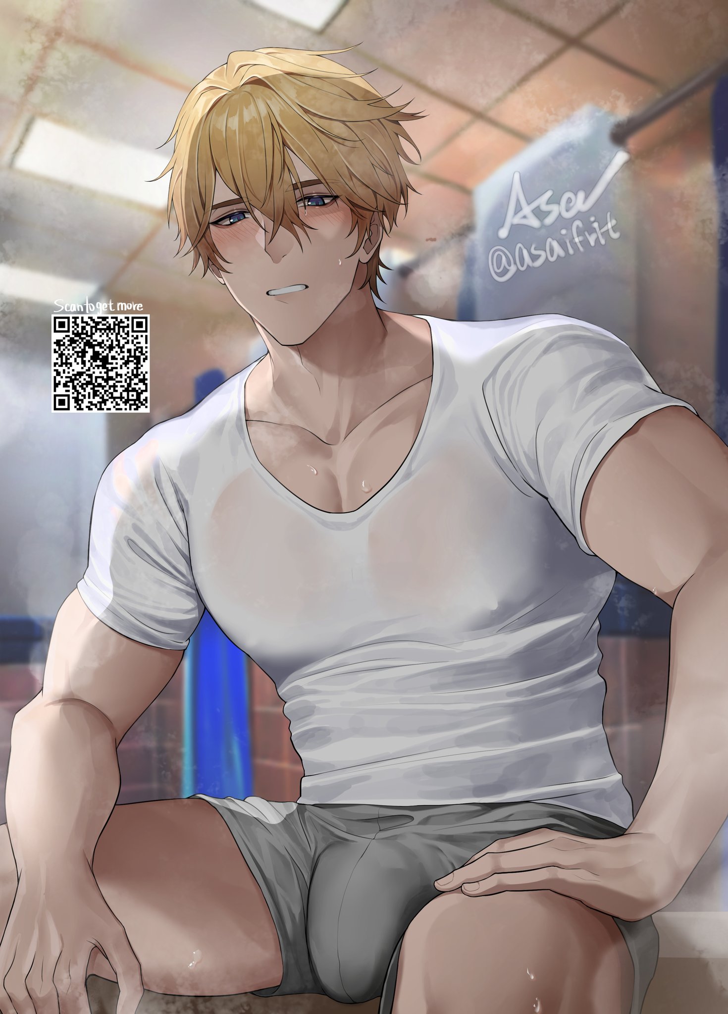 1boy, after shower, asaifrit, biceps, big penis, blonde hair, blue eyes, blush, bulge, chest, clothed, clothing, cock, gepard (honkai: star rail), honkai: star rail, looking at viewer, male, male focus, male only, muscular, muscular arms, muscular male, nipples, nipples visible through clothing, pecs, pectorals, penis, serious, shower room, sitting, solo, solo male, sweat, tight clothing, underwear, wet