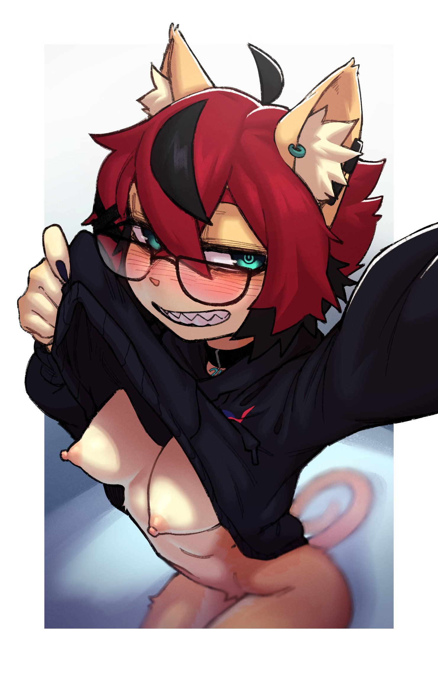 aeiou (yoako), anthro, beamboi, beamerbruh, blush, breasts, choker, clothed, clothing, domestic cat, eyewear, felid, feline, felis, female, fur, glasses, green eyes, grin, hair, hi res, hoodie, hoodie lift, inner ear fluff, jewelry, mammal, necklace, nipples, partially clothed, pointy breasts, red hair, sharp teeth, smile, solo, taking selfie, tan body, tan fur, teeth, topwear, tuft