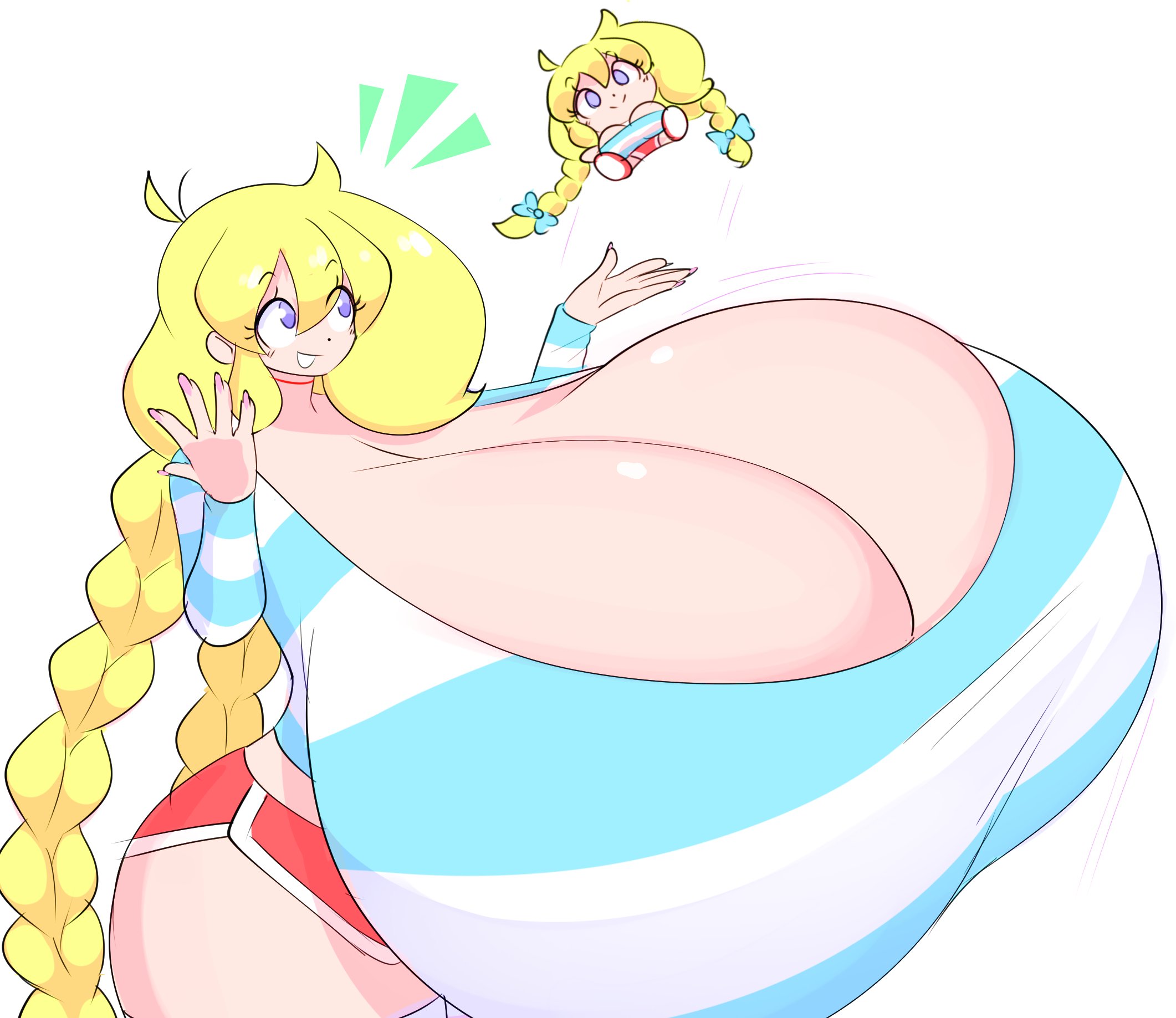 1girls, big breasts, blonde hair, breast focus, breasts, cassie (theycallhimcake), cleavage, female, female focus, female only, fully clothed, giant breasts, gigantic breasts, huge breasts, hyper, hyper breasts, massive breasts, plushie, smile, solo, theycallhimcake