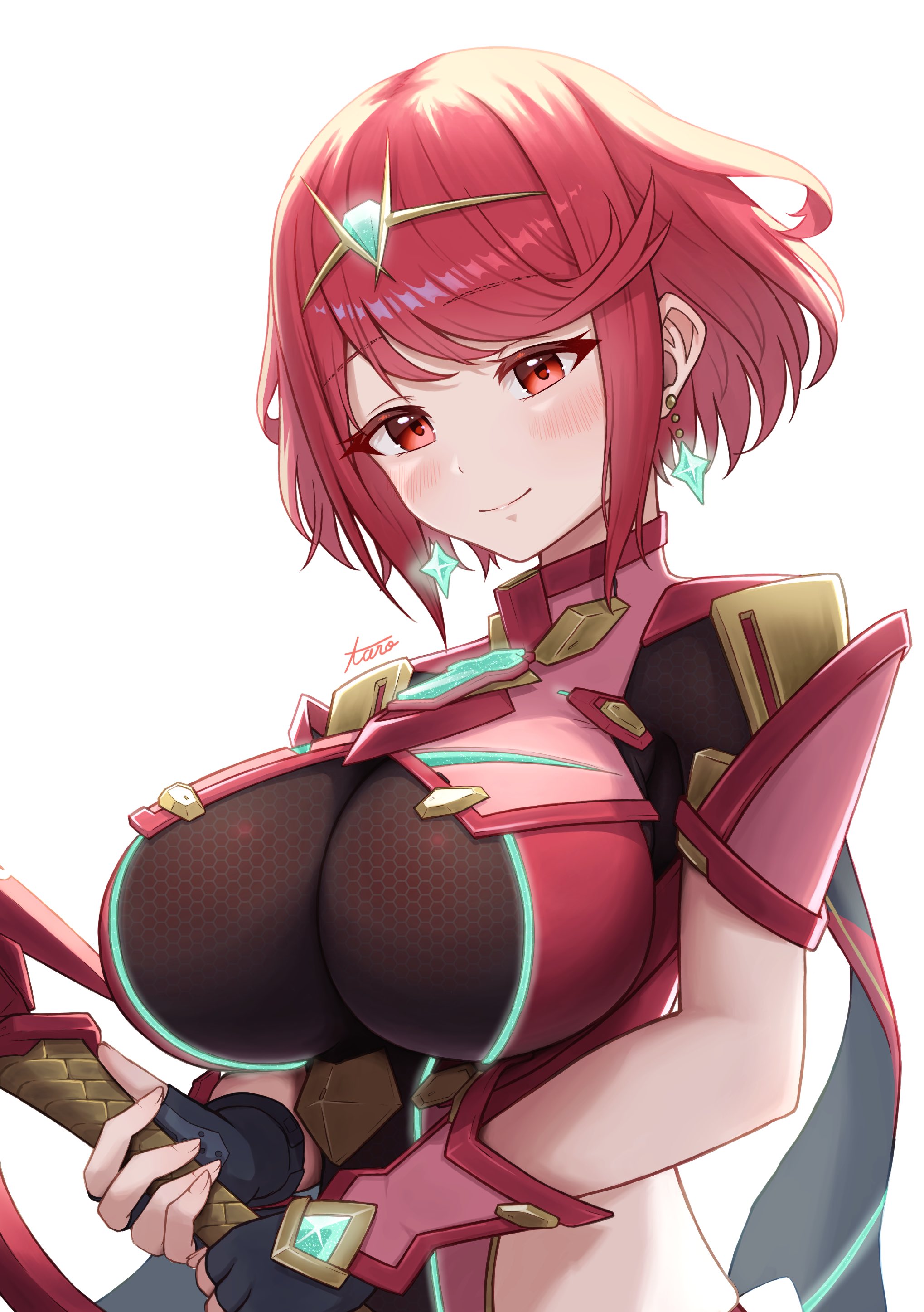 1girl, absurdres, aegis sword (xenoblade), aqua gemstone, blush, breasts, chest jewel, cleavage, earrings, female, female only, fingerless gloves, floating earrings, gem, gloves, headpiece, highres, jewelry, large breasts, looking at viewer, nintendo, pyra, pyra (xenoblade), red eyes, red hair, short hair, skin tight, smile, solo, swept bangs, sword, taro (peach taro51), tiara, weapon, xenoblade (series), xenoblade chronicles (series), xenoblade chronicles 2