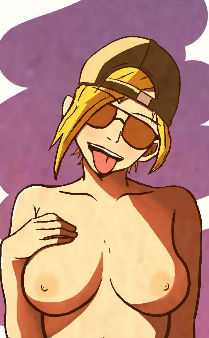 1girl 1girls 2020s 2023 2d backwards_cap big_breasts black_headwear blonde_hair breasts brown-tinted_eyewear cap cel_shading eyebrows_visible_through_hair front_view grand_theft_auto grand_theft_auto_vi hand_on_breast happy hat ketrita light-skinned_female light_skin long_hair long_hair_female mud_girl_(gta_vi) nipples rockstar_games simple_background smile snapback solo solo_female standing strong_tomboy_(spectrum) sunglasses tinted_eyewear tomboy tongue_out topless topless_female up_close video_game_franchise western_art