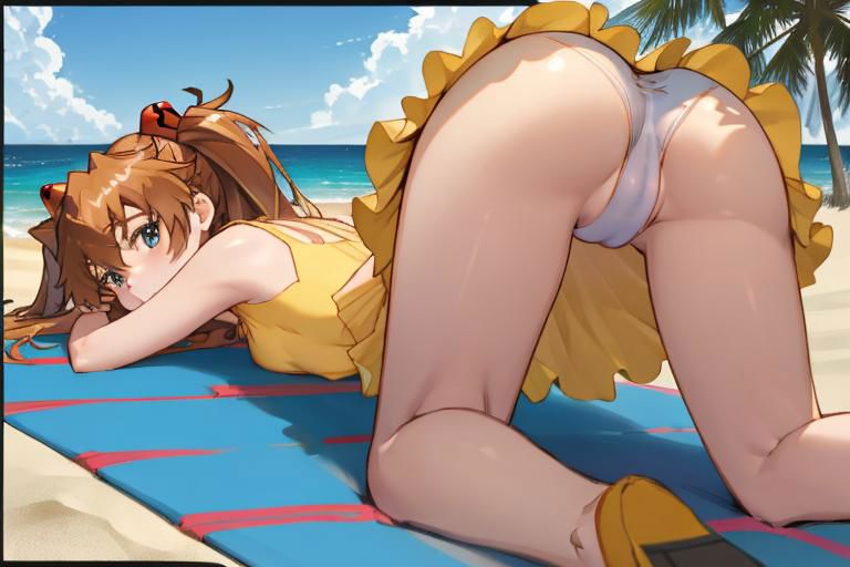 ai generated, ass, ass focus, ass up, asuka langley sohryu, bare thighs, beach, beach towel, blue eyes, breasts, brown hair, cameltoe, civitai, clouds, face down ass up, female, legs apart, long hair, looking at viewer, looking back, neon genesis evangelion, ocean, orange hair, panties, pantyshot, petite, presenting ass, pussy, sand, sandals, shoulder blades, sky, small breasts, sundress, teenager, thighs, top-down bottom-up, trees, twintails, upskirt, water, white panties, young, younger female