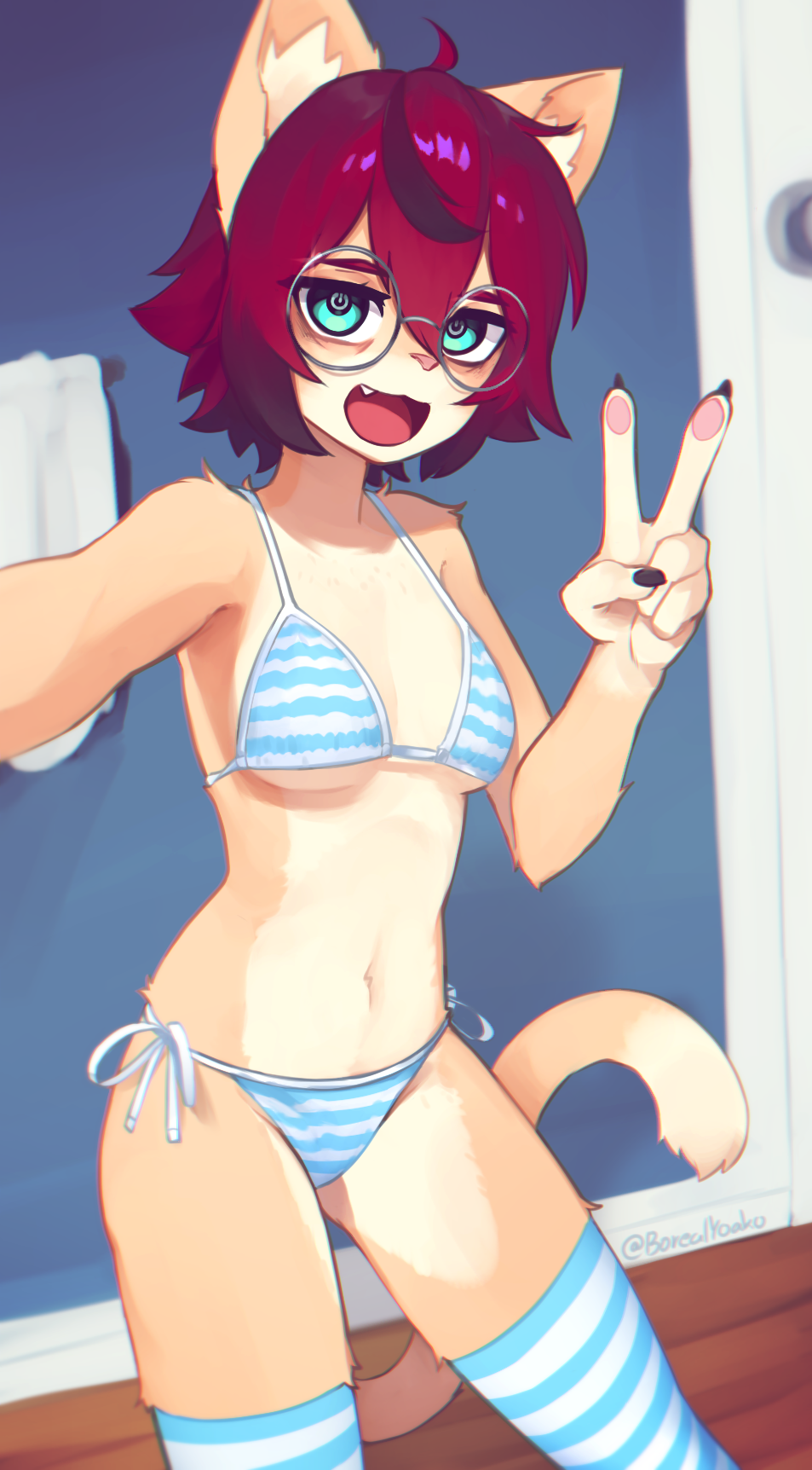 2021 5_fingers aeiou_(yoako) ahoge alternate_version_at_source anthro anthro_only bikini breasts claws clothed clothing cute_fangs digital_media_(artwork) domestic_cat eyewear felid feline felis female female_anthro finger_claws fingers footwear fur gesture glasses green_eyes hair hi_res kemono legwear looking_at_viewer mammal multicolored_body multicolored_fur navel open_mouth pattern_bikini pattern_clothing pattern_footwear pattern_legwear pattern_socks pattern_swimwear pawpads pink_nose portrait power_symbol pupils red_hair selfie short_hair signature small_breasts socks solo striped_bikini striped_clothing striped_footwear striped_socks striped_swimwear stripes swimwear symbol-shaped_pupils tan_body tan_fur thigh_highs three-quarter_portrait tongue triangle_bikini two_tone_body two_tone_fur under_boob unusual_pupils v_sign white_body white_fur yoako