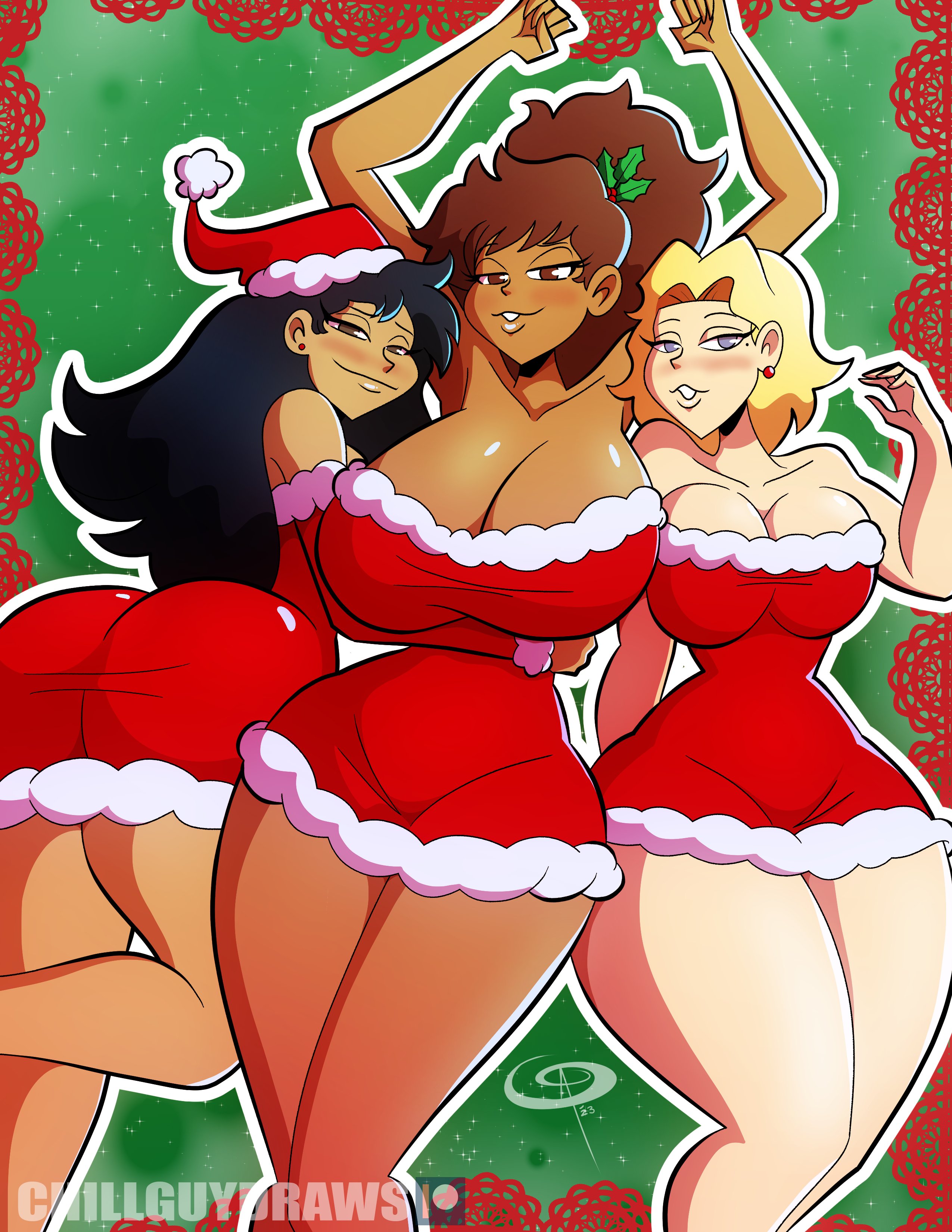 3girls, aged up, amphibia, amphibia (finale), anne boonchuy, armpits, ass, breasts, christmas, christmas outfit, dark skin, dark-skinned female, disney, disney channel, female, frostbiteboi, huge ass, huge breasts, light skin, light-skinned female, marcy wu, sasha waybright