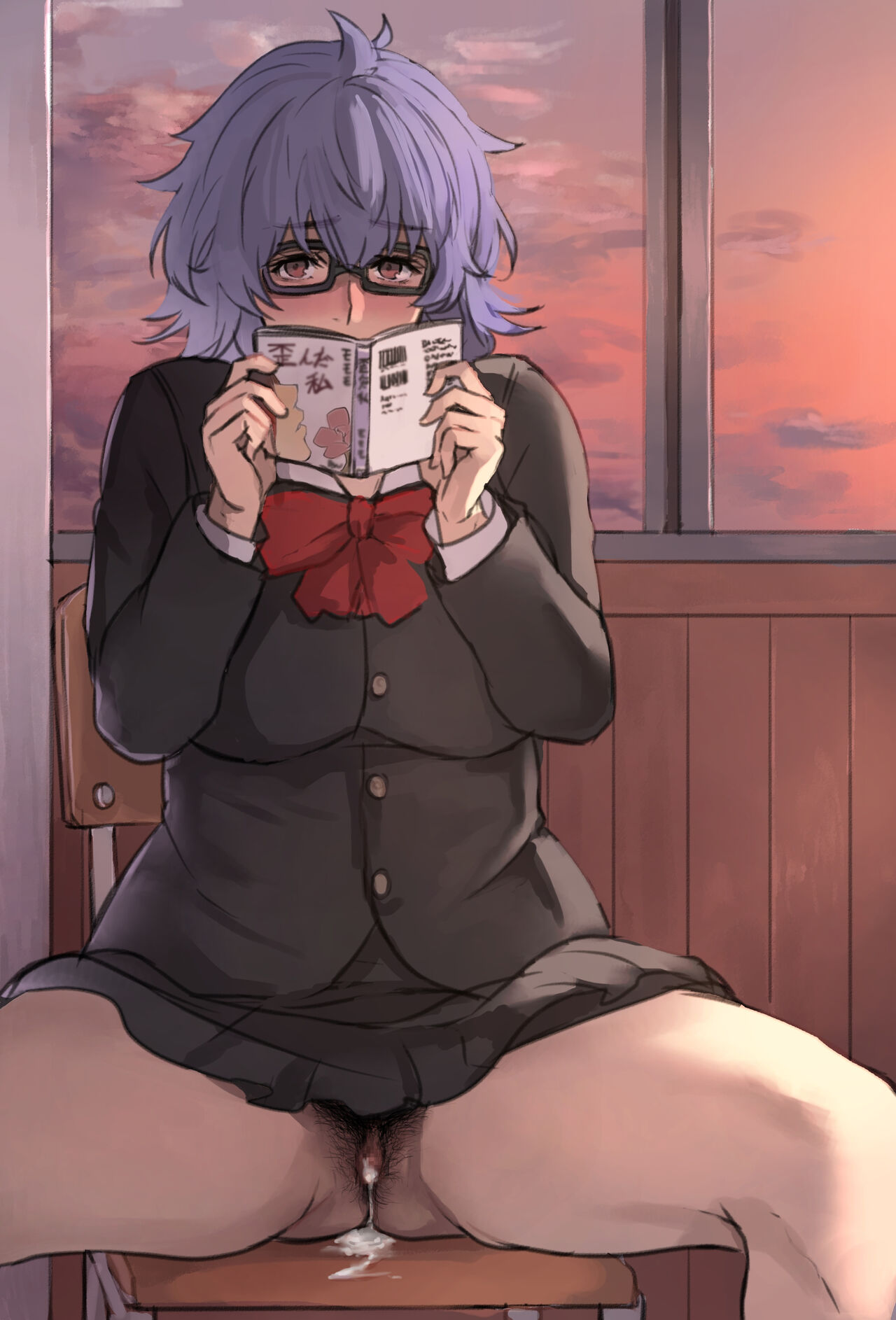 1girls, 2017, after school girl (pepe (jonasan)), after sex, after vaginal, black jacket, black skirt, book, bow, bowtie, breasts, brown eyes, censored, chair, classroom, clothing, cloud, covering, cum, cum drip, cum in pussy, cum inside, cum trail, embarrassed, eyebrows visible through hair, female, female only, glasses, hair between eyes, highres, holding book, indoors, jacket, japanese text, large breasts, looking at viewer, messy hair, miniskirt, no panties, original, pepe (jonasan), pleated skirt, pubic hair, purple hair, pussy, school, school uniform, shirt, shy, skirt, skirt lift, sky, solo, spread legs, sunset, text, thick thighs, thighs, translated, uniform, white shirt, window