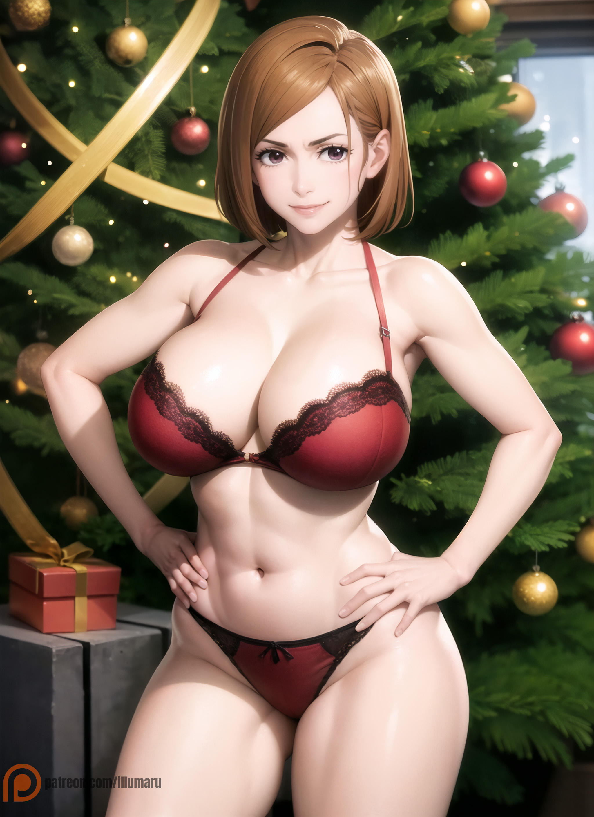 1girls, 2023, ai generated, bare shoulders, belly, big breasts, blush, bob cut, bra, breasts, brown eyes, brown hair, christmas, christmas tree, cleavage, curvaceous, curvy, curvy figure, detailed, female, female focus, female only, hands on hips, hi res, illumaru, jujutsu kaisen, kugisaki nobara, lace-trimmed bra, lace-trimmed panties, lingerie, looking at viewer, navel, panties, red bra, red lingerie, red panties, seductive smile, short hair, smile, solo, solo female, solo focus, stable diffusion, standing, thick thighs, thighs, underwear