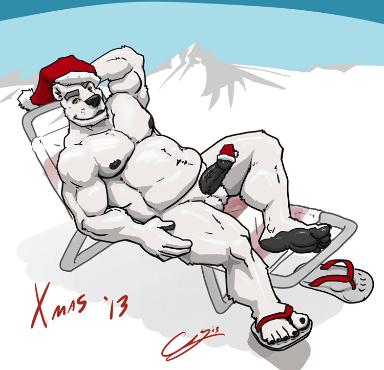 2013 anthro arctic balls beach_chair bear belly biceps black_penis chestnuts_(artist) christmas christmas_clothing christmas_headwear clothing erection feet footwear genitals grin hand_behind_head hat hat_on_penis headgear headwear holidays looking_at_viewer male mammal musclegut muscular muscular_legs navel nipples pecs penis polar_bear presenting reclining sandals santa_hat sitting slightly_chubby smile snow solo triceps ursine vein veiny_penis