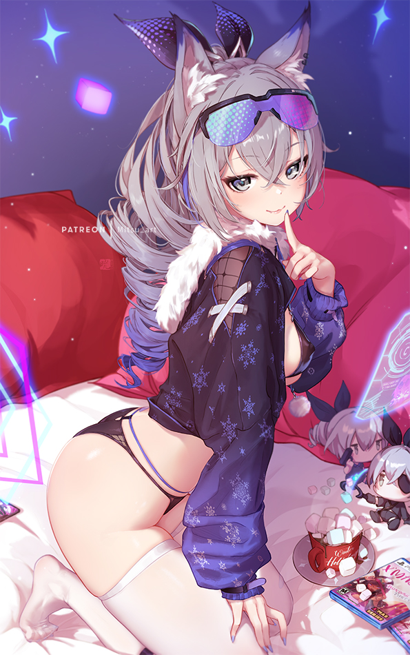 1girls, eyewear on head, female, female focus, female only, grey eyes, grey hair, honkai (series), honkai: star rail, looking at viewer, mihoyo, mitsu art, no pants, silver wolf (honkai: star rail), thighhighs