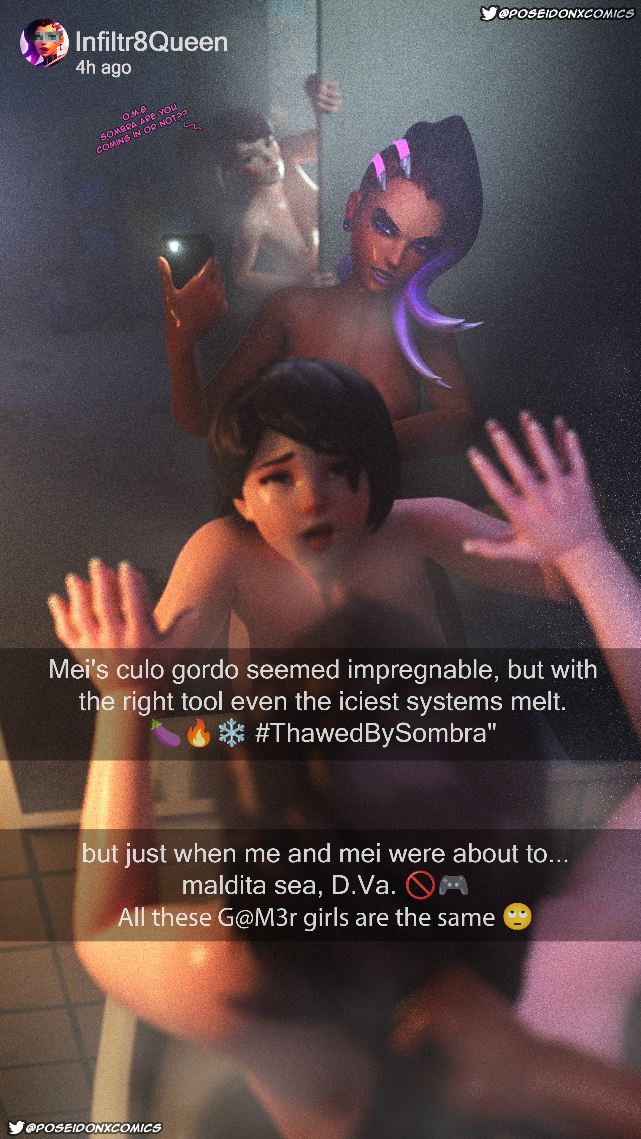 1futa, 2girls, 3d, d.va, dark skin, dark-skinned futa, doggy style, duo focus, female, from behind, futa on female, futanari, intersex, light skin, light-skinned female, mei (overwatch), mirror, mirror selfie, overwatch, overwatch 2, phone, poseidonx, selfie, snapchat, snapchat filter, sombra, standing, text