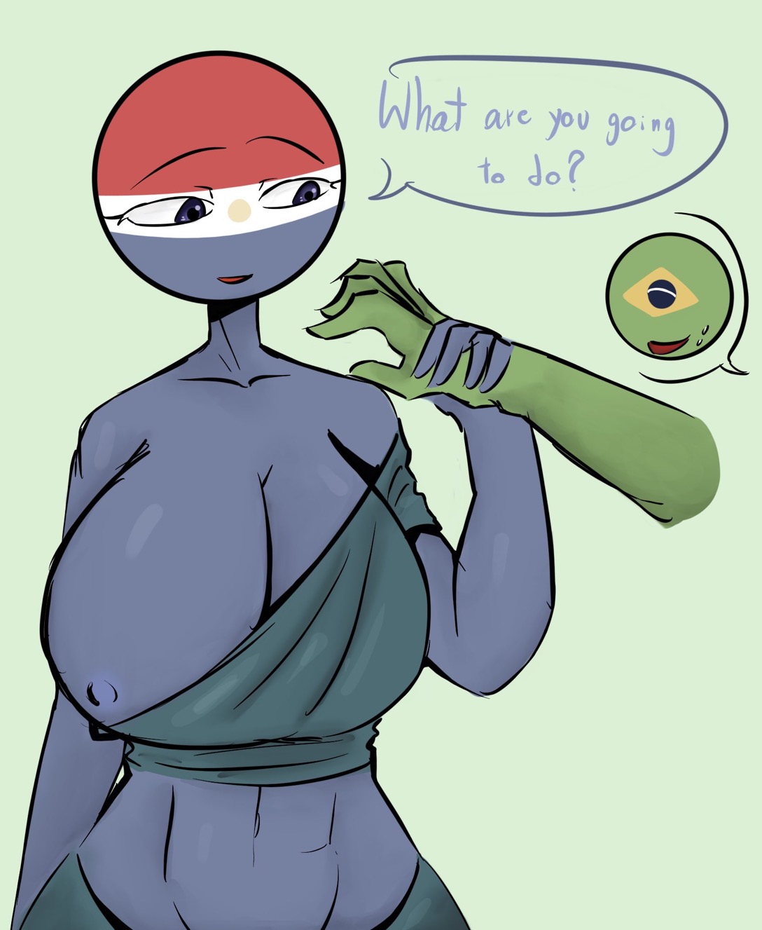 blue body, blue eyes, brazil (countryhumans), breasts, countryhumans, countryhumans girl, english dialogue, english text, female, green hand, nipple slip, paraguay (countryhumans), woodthird 3