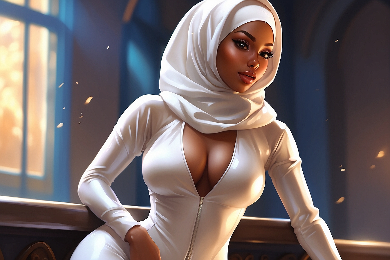 1girls, ai generated, bleachedr34, bodysuit, breasts, close-up, curvy, dark skin, dark-skinned female, facing viewer, female, hijab, human, indoors, large breasts, latex, muslim, muslim female, original character, plump lips, seductive, self upload, tight clothing, unzipped, unzipped bodysuit