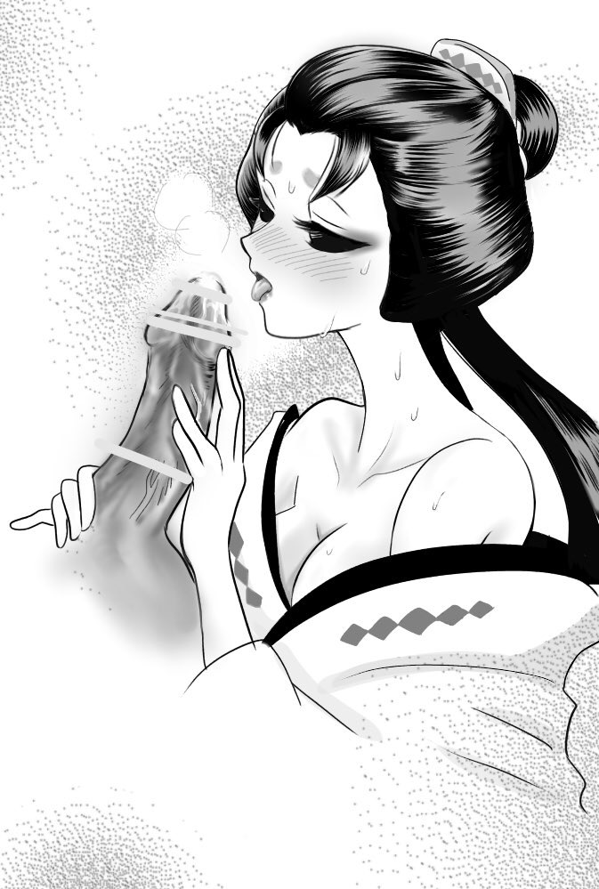 1boy 1girls blush breasts censored cleavage disembodied_penis erection female half-closed_eyes hand_on_penis identity_v imminent_fellatio irika283 kimono long_hair looking_at_penis michiko monochrome open_mouth partial_male penis sweat tongue tongue_out