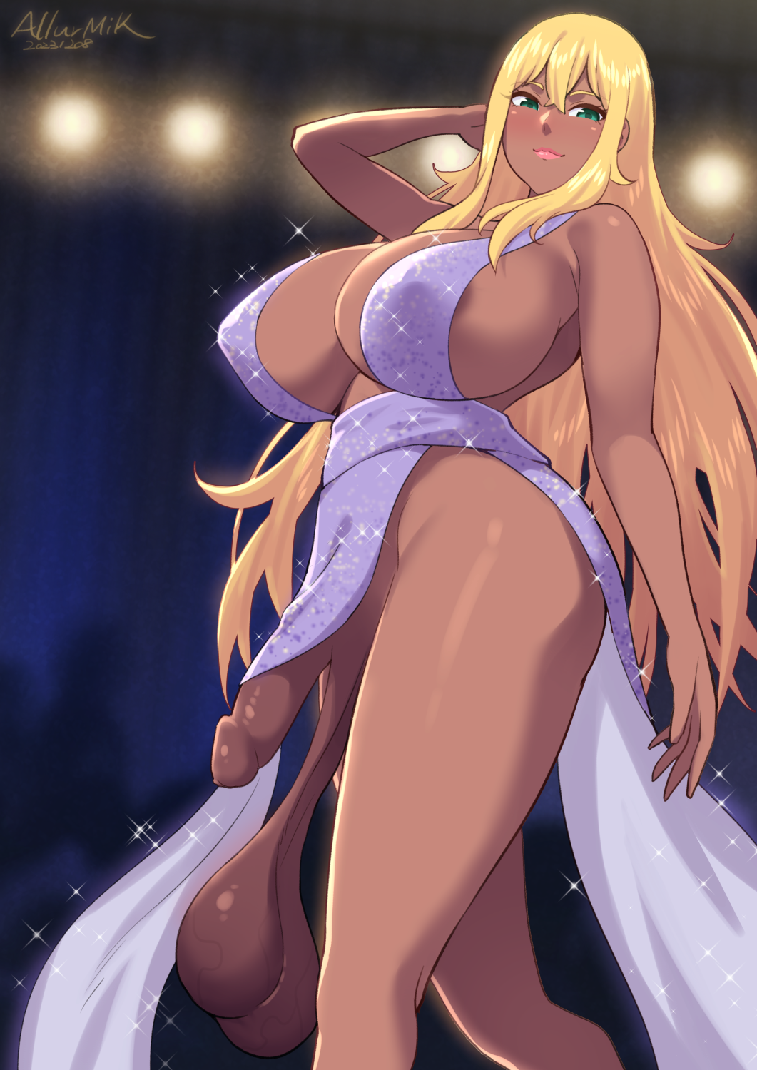 1futa allurmilk balls blonde_hair breasts casual_exposure casual_nudity clothed clothing dark-skinned_futanari dark_skin dress flaccid futa_only futanari green_eyes grower_not_a_shower hi_res huge_balls huge_breasts human hyper_sag ineffective_clothing long_hair mostly_nude no_panties opera_brest original original_character penis sagging_balls solo standing thick_thighs uncensored uncut unretracted_foreskin zheng