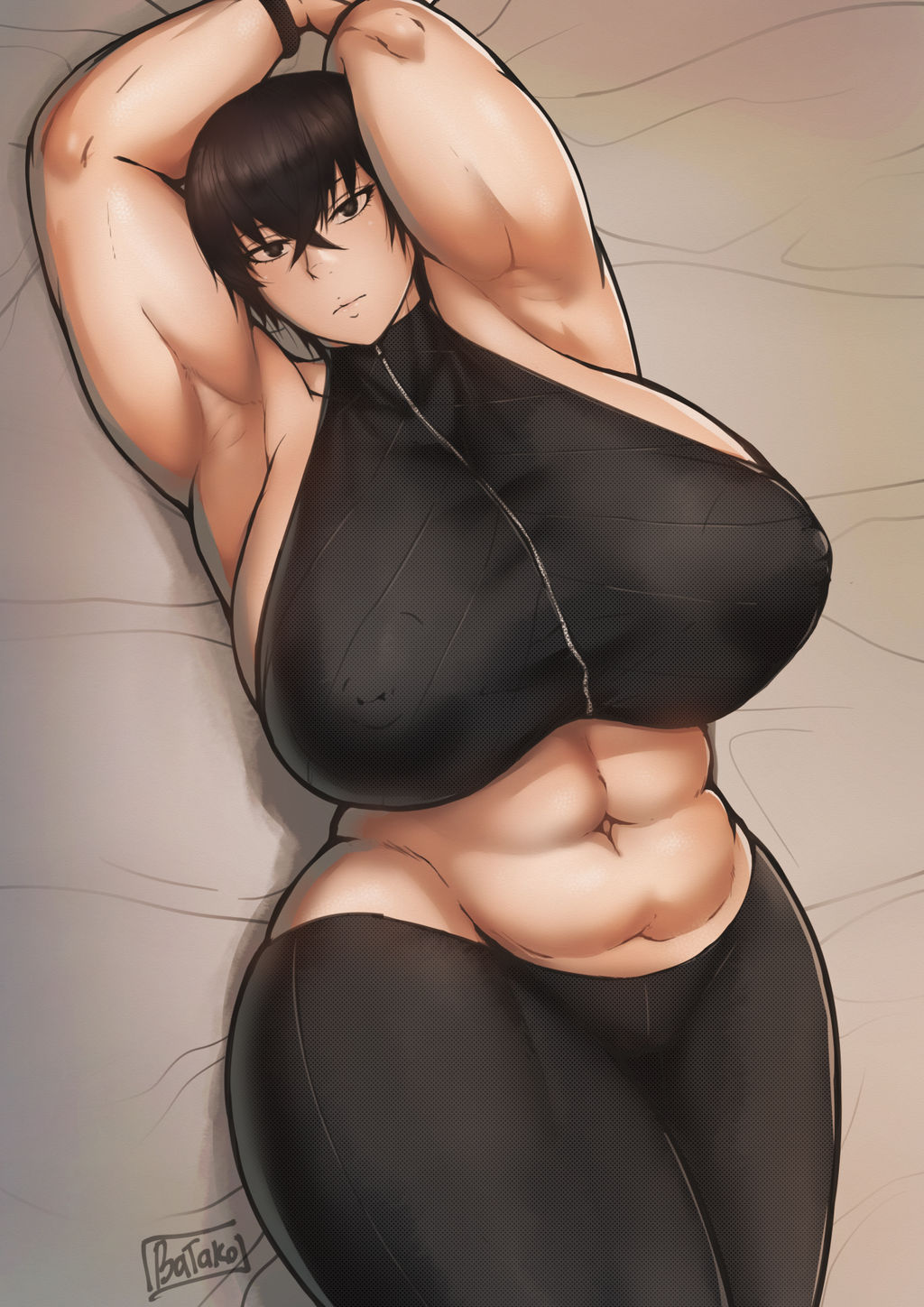 1440p 1girls 2020 2020s abs armpit_crease armpits arms_up artist_logo artist_name batako big_breasts big_thighs black_eyes black_hair blank_stare breasts breasts_bigger_than_head child_bearing_hips chubby_belly crop_top curvy curvy_body curvy_female curvy_figure demi_human digital_art digital_drawing_(artwork) female female_only fhd half-human half_demon hd hi_res high_resolution highres huge_breasts huge_thighs human kunaboto kurogane_(kunaboto) leggings light-skinned_female light_skin looking_at_viewer muscular muscular_female navel nipple_bulge nipple_outline no_visible_genitalia oc on_back on_bed original_character shaved_armpit short_hair solo staring staring_at_viewer thick_ass thick_thighs thighs_bigger_than_head tomboy venus_body voluptuous voluptuous_female wide_hips zipper_topwear