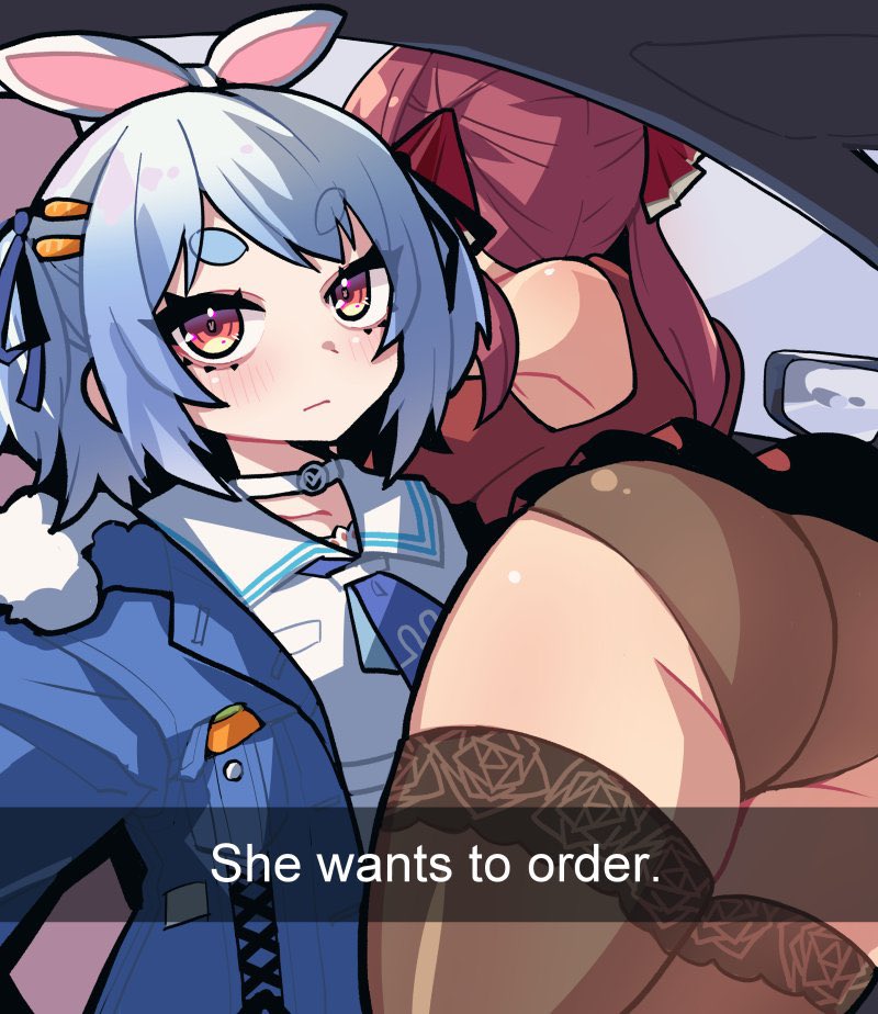 2girls ass ass_focus big_ass blue_hair bunny_ears drive_thru funny hololive hololive_fantasy hololive_japan houshou_marine large_ass meme red_hair she_wants_to_order usada_pekora virtual_youtuber yuri