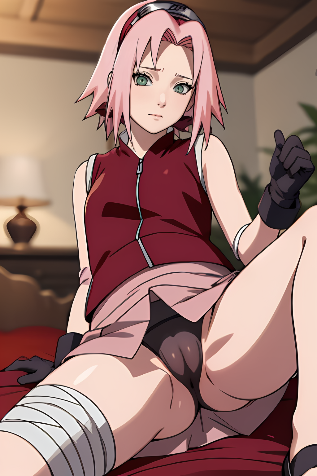 1girls ai_generated blush breasts clothing female female_focus gloves green_eyes kunoichi long_hair nai_diffusion naruto naruto_(series) naruto_shippuden ninja panties petite petite_body pink_hair sakura_haruno shirt shoulder_length_hair sitting small_breasts solo stable_diffusion underwear yukino_ai