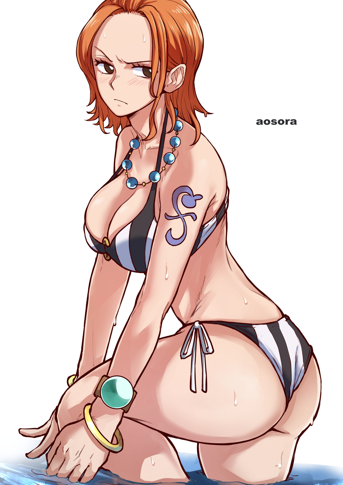 1girls, aosora, arm tattoo, ass, big ass, bikini, bikini bottom, blue tattoo, breasts, cleavage, female, female only, nami (one piece), necklace, one piece, one piece film strong world, orange hair, orange-haired female, pre-timeskip, solo, solo female, tagme, tattoo, water