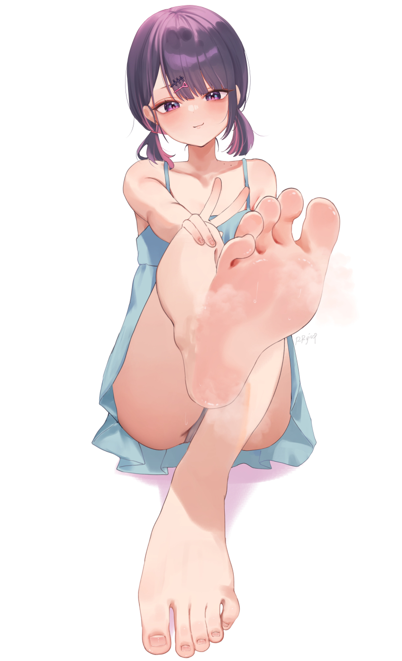 ass dress feet feet_up foot_fetish knees_up looking_at_feet original original_character panties purple_hair rryiup short_twintails signature smile soles steamy_feet toenails toes