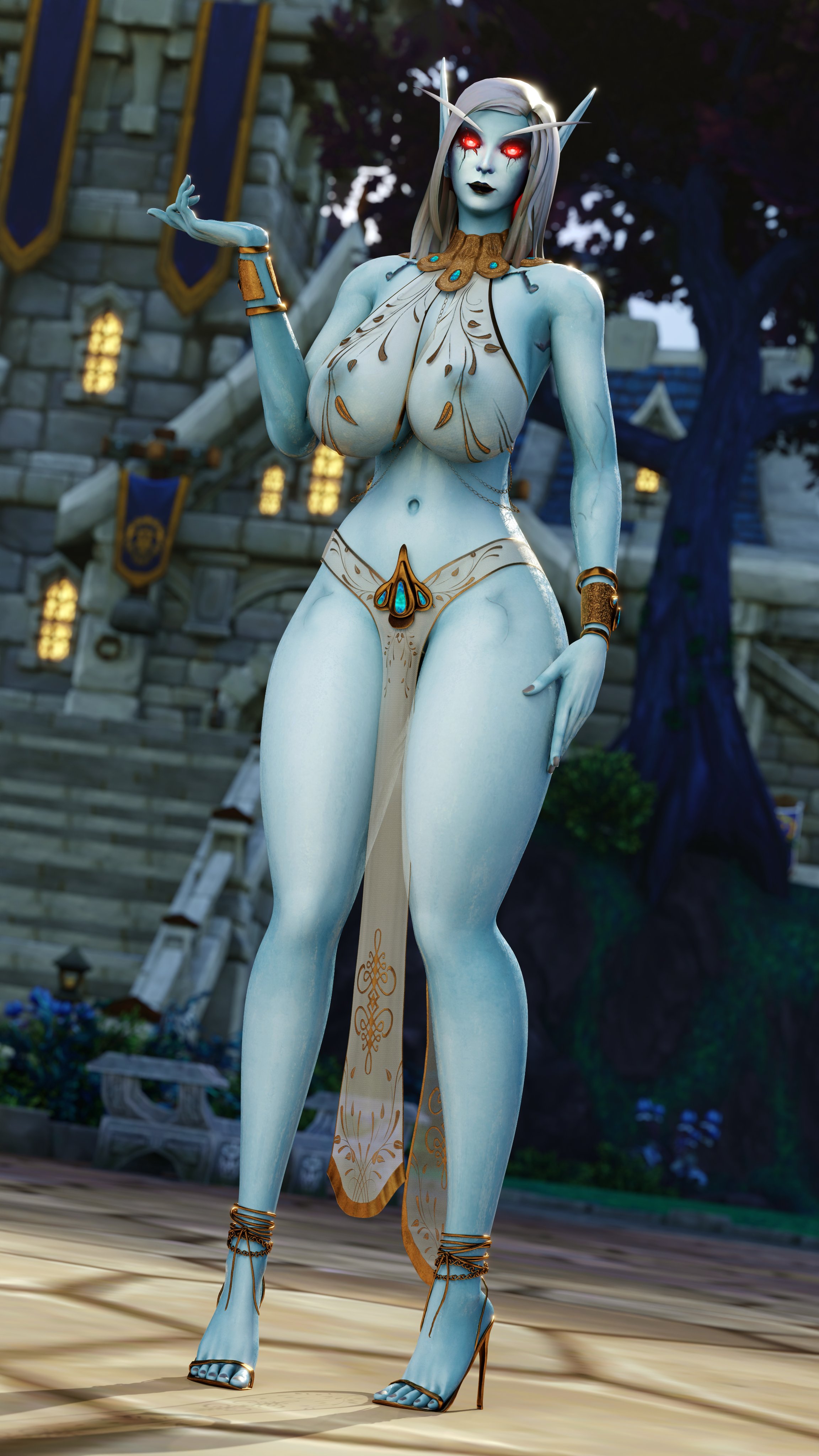 3d, big breasts, breasts, elf, elf ears, elf female, feet, female, guidugalle, guimontag, high heels, midriff, pinup, priestess, red eyes, skimpy clothes, sylvanas windrunner, warcraft, world of warcraft