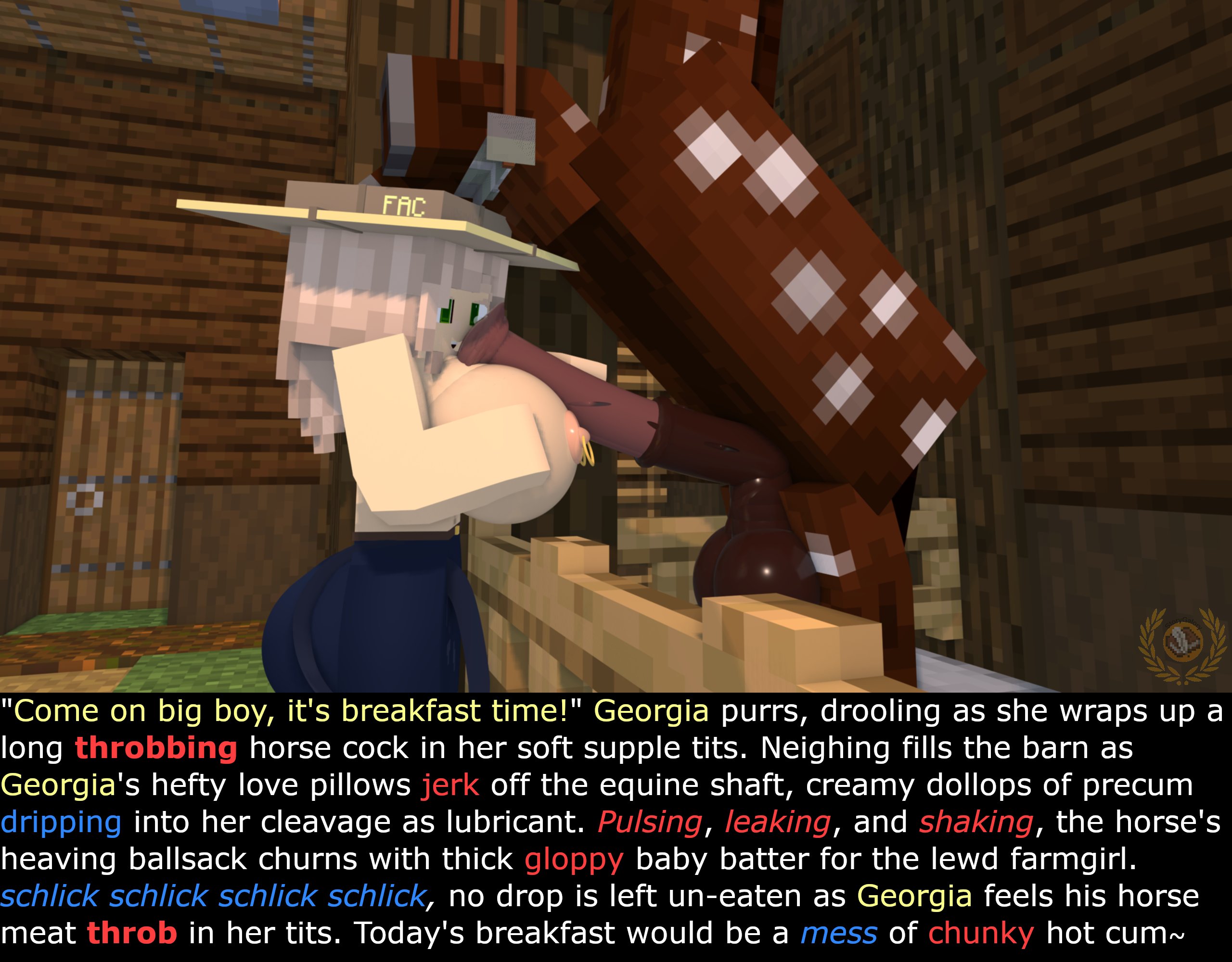 1boy, 1girls, 3d, animal, animal genitalia, ass, balls, big ass, big balls, big breasts, breasts, erect nipples, erect penis, farm, farmgirl, female, georgia luteus (story galory), green eyes, horny female, horny male, horse (minecraft), horse penis, horsecock, human female, human on feral, humanoid, looking at penis, male, mine-imator, minecraft, multicolored hair, nipples, no bra, outside, paizuri, pants, penis, smile, story galory, tagme, titjob, zoophilia