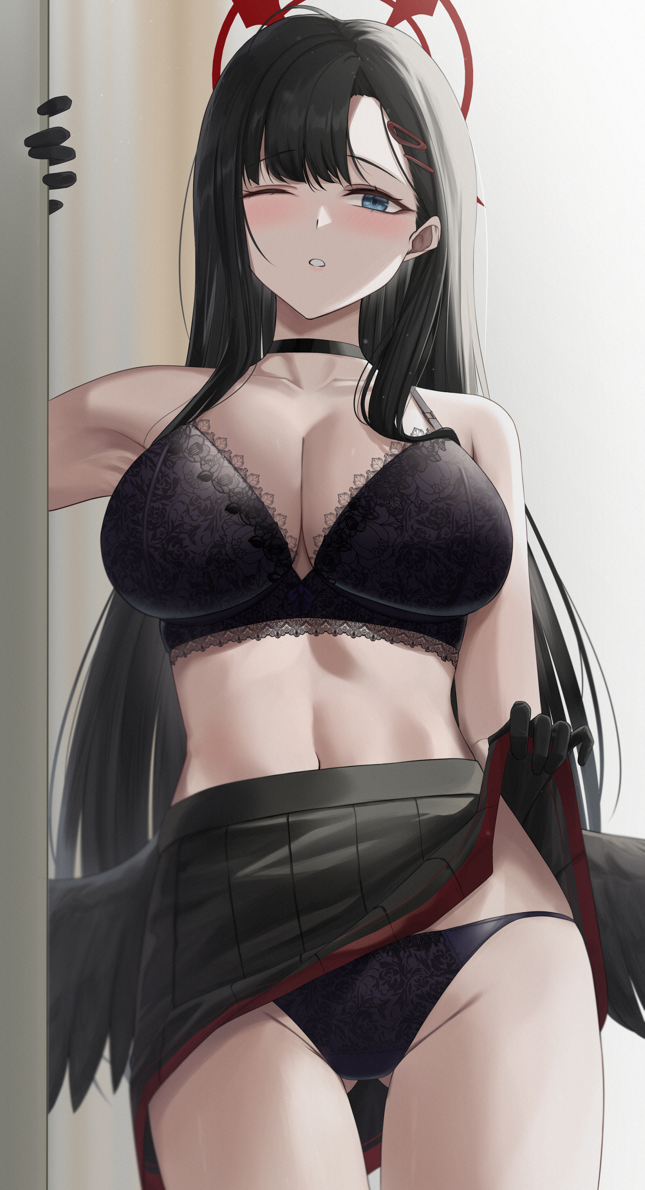 1girls, angel, angel wings, big breasts, black panties, blue archive, blue eye, blush, bra, breasts, cleft of venus, collar, cowboy shot, female, female only, halo, ichika (blue archive), indoors, justice task force (blue archive), large breasts, light skin, light-skinned female, lingerie, long hair, looking at viewer, midriff, miniskirt, navel, one eye closed, panties, room, seductive, skirt, skirt lift, skirt lifted by self, solo, trinity general school student, underwear, upskirt, video game character, wings, yamikyon