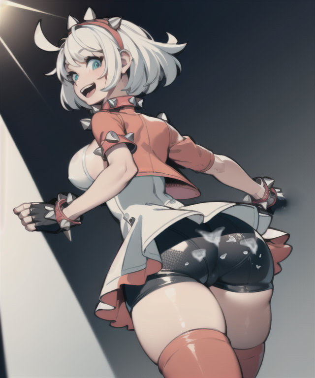 1girls ahoge ai_generated ai_hands black_shorts blue_eyes bracelet breasts bubble_ass bubble_butt cum cum_on_ass cum_on_clothes curvy curvy_female curvy_figure elphelt_valentine female female_focus female_only gloves guilty_gear guilty_gear_strive hairband happy huge_ass huge_thighs jacket jacket_open looking_at_viewer looking_back mascara onkomaker open_mouth pink_jacket pink_thighhighs short_hair short_skirt shorts sideboob simple_background skirt smile spats sperm spikes thighhighs thighs white_hair