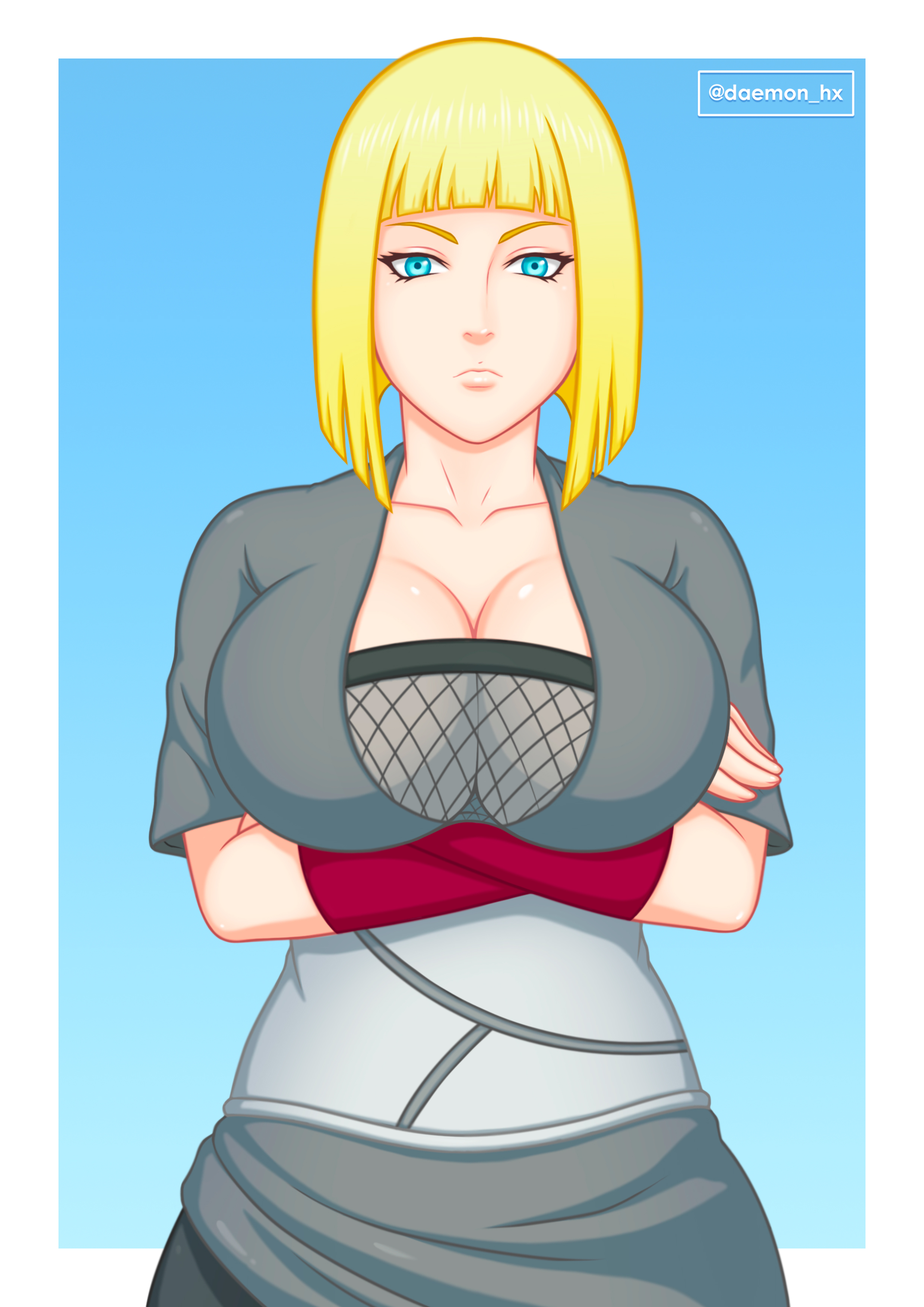 1girls, absurdres, arms crossed under breasts, arms under breasts, blonde hair, blue eyes, bob cut, breast focus, breasts, busty, cleavage, cowboy shot, crossed arms, daemonhx, expressionless, female, highres, kunoichi, large breasts, mature, mature female, naruto, naruto (series), ninja, no bra, oppai, pinup, presenting, presenting breasts, samui, short hair, voluptuous