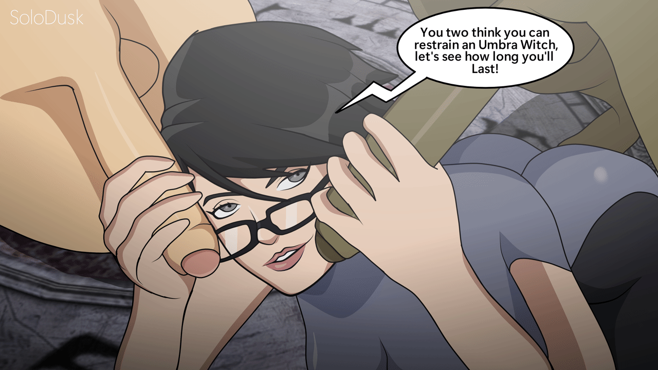 1girls, 2boys, 2d, 2d animation, animated, animated gif, bayonetta, bayonetta (character), bayonetta 2, black hair, dark skin, dark-skinned male, dialogue, english text, female, foreskin, gif, glasses, grey eyes, handjob, interracial, male, masturbating other, masturbation, penis, short hair, solodusk57, straight, threesome, uncircumcised, uncut