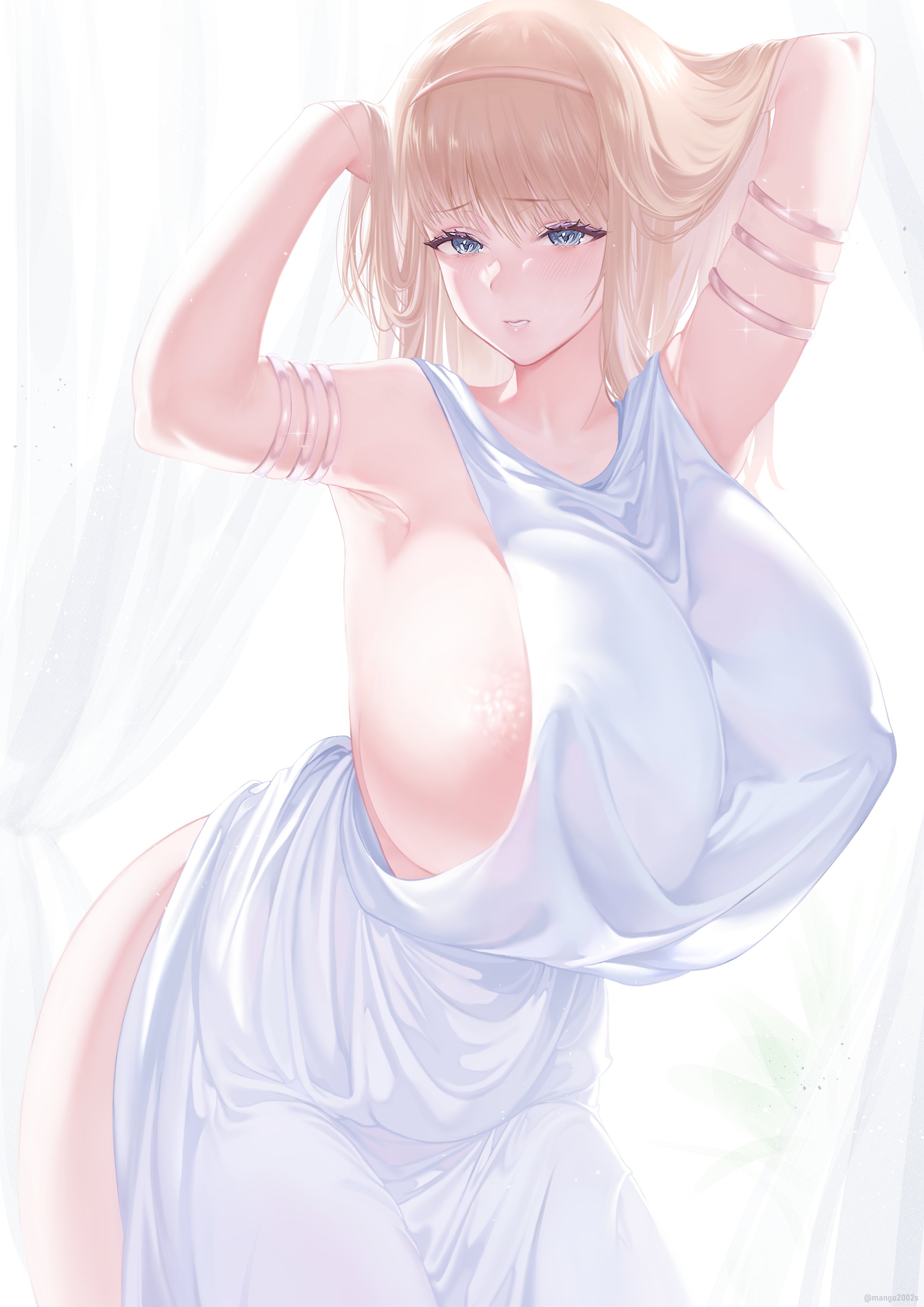 areola slip, armpits, arms up, artist name, attack on titan, breasts, female, fixing hair, gigantic breasts, mango2002s, puffy areolae, shingeki no kyojin, sideboob, thick thighs, twitter username, wide hips, ymir fritz
