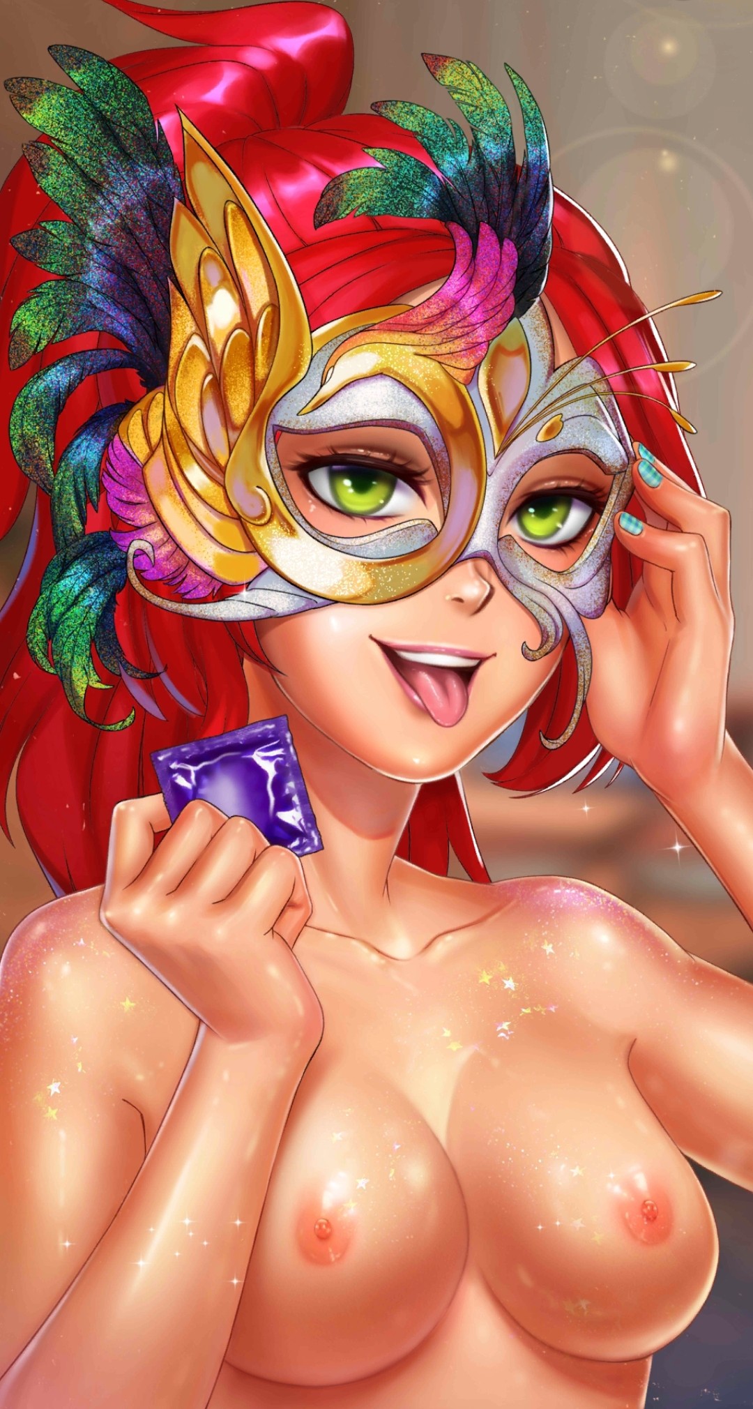 breasts cam_girls_inc condom daniela_(nutaku) green_eyes mask masked masked_female nipples nutaku party perky_breasts ponytail red_hair sparkles tongue tongue_out topless