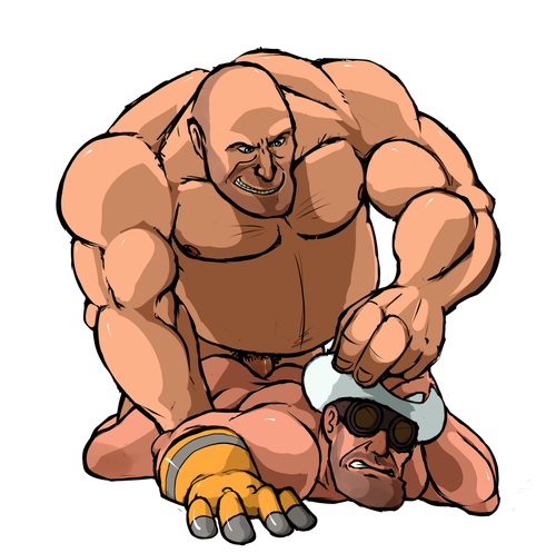 2boys anal domination engineer_(team_fortress_2) heavy_weapons_guy male_only muscular_male pinned smooth_skinned_male team_fortress_2 wildragon