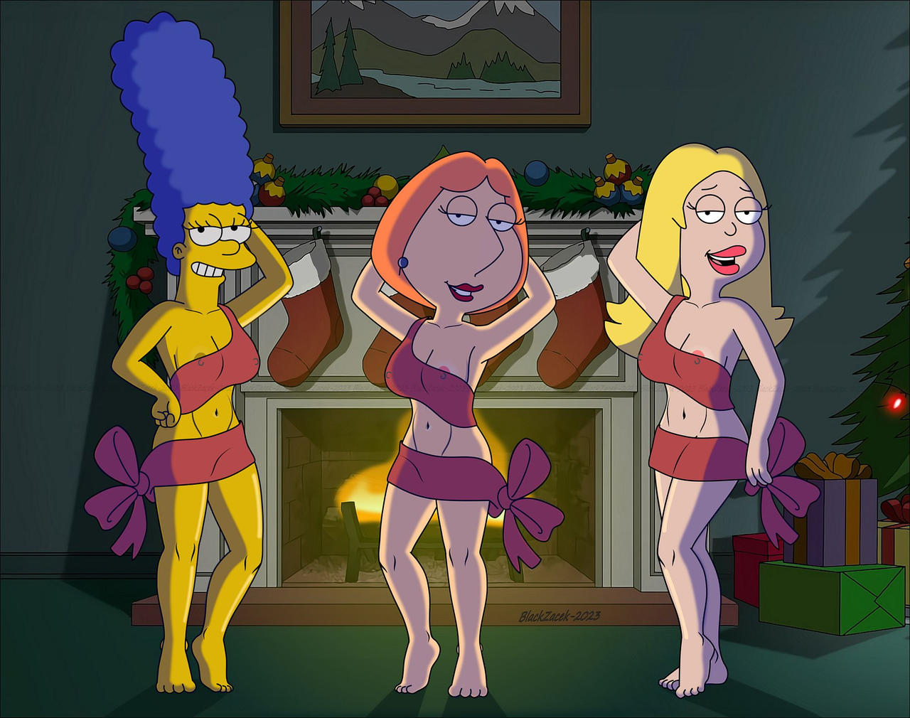 20th_century_fox 20th_century_studios 3milfs accurate_art_style american_dad bedroom_eyes blackzacek blonde_hair blue_earring blue_hair earrings family_guy francine_smith lois_griffin marge_simpson milf milfs multiple_milfs nipple_visible_through_clothes red_hair red_lipstick the_simpsons xmas yellow_body