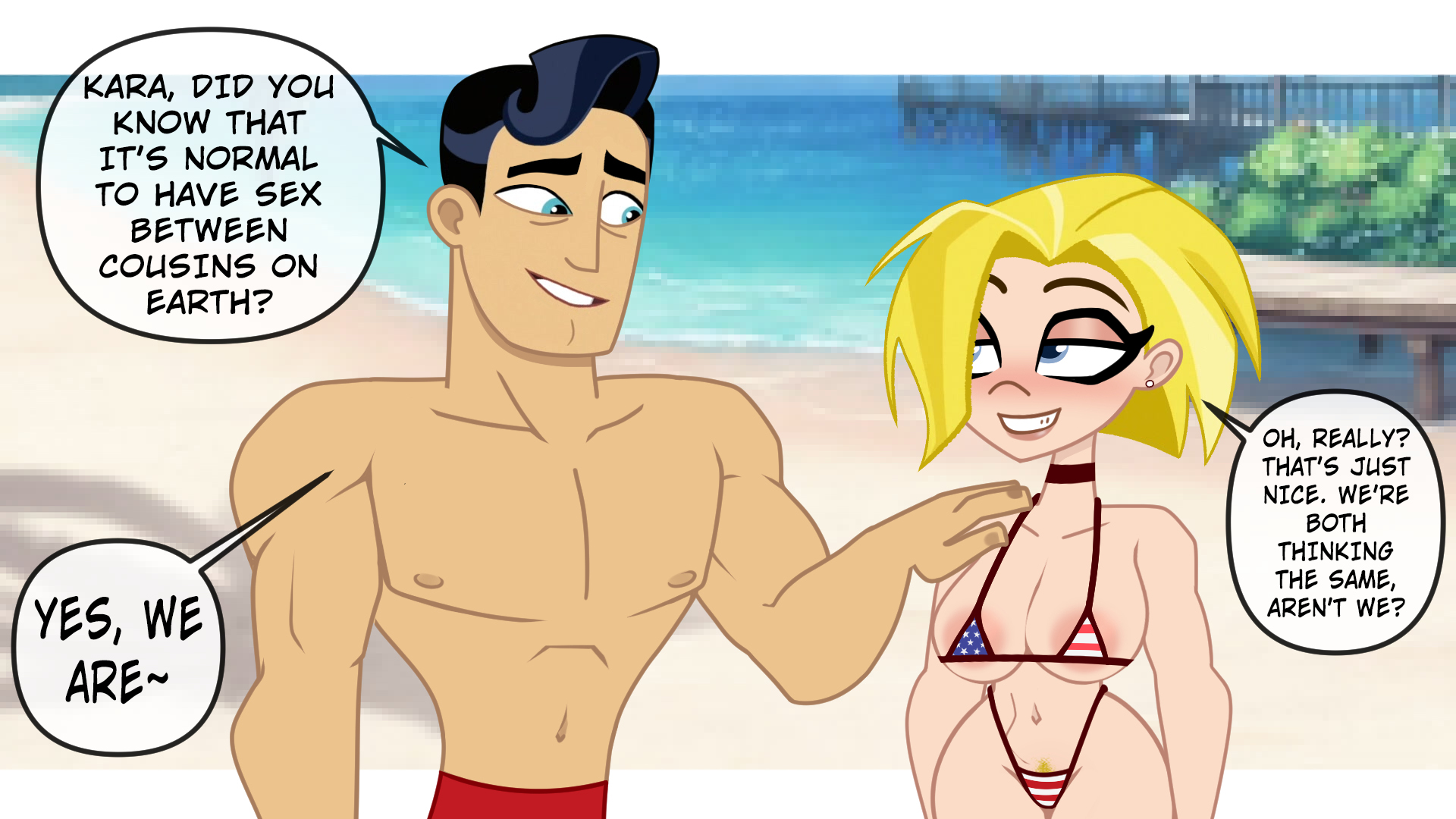 1boy, 1girls, accurate art style, black hair, blonde hair, breasts, clark kent, cousins, dc, dc comics, dc super hero boys, dc super hero girls, edit, edited, edited screencap, english, english dialogue, english text, female, huge breasts, imminent anal, imminent incest, imminent oral, imminent penetration, imminent sex, imminent vaginal, implied incest, incest, kal-el, kara danvers, kara zor-el, kryptonian, male, pussy, screen capture, screencap, screenshot, screenshot edit, short hair, steca, supergirl, superheroine, superman, superman (clark kent), superman (series), talking, thelazyart, thick, thick legs, thick thighs, white female, white male