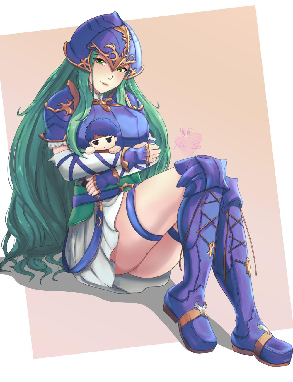 1girls armor ass blue_footwear blue_headwear boots border breasts brown_background character_doll detached_sleeves english_commentary eyelashes female female_only fire_emblem fire_emblem:_path_of_radiance full_body gold_trim green_eyes green_hair helmet highres holding holding_stuffed_toy ike_(fire_emblem) knee_boots long_hair nephenee_(fire_emblem) nintendo rinku_bny signature skirt solo stuffed_toy white_border white_skirt