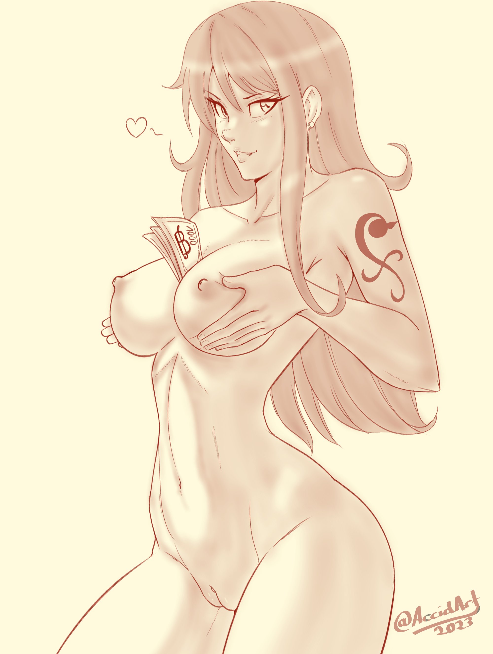 1girls, accidart, areolae, big breasts, breasts, completely nude, female, female only, heart, long hair, looking at viewer, money, money in cleavage, nami (one piece), nipples, nude, one piece, post-timeskip, pussy, shoulder tattoo, slim waist, solo, tattoo, thick thighs, toned, toned female, wide hips