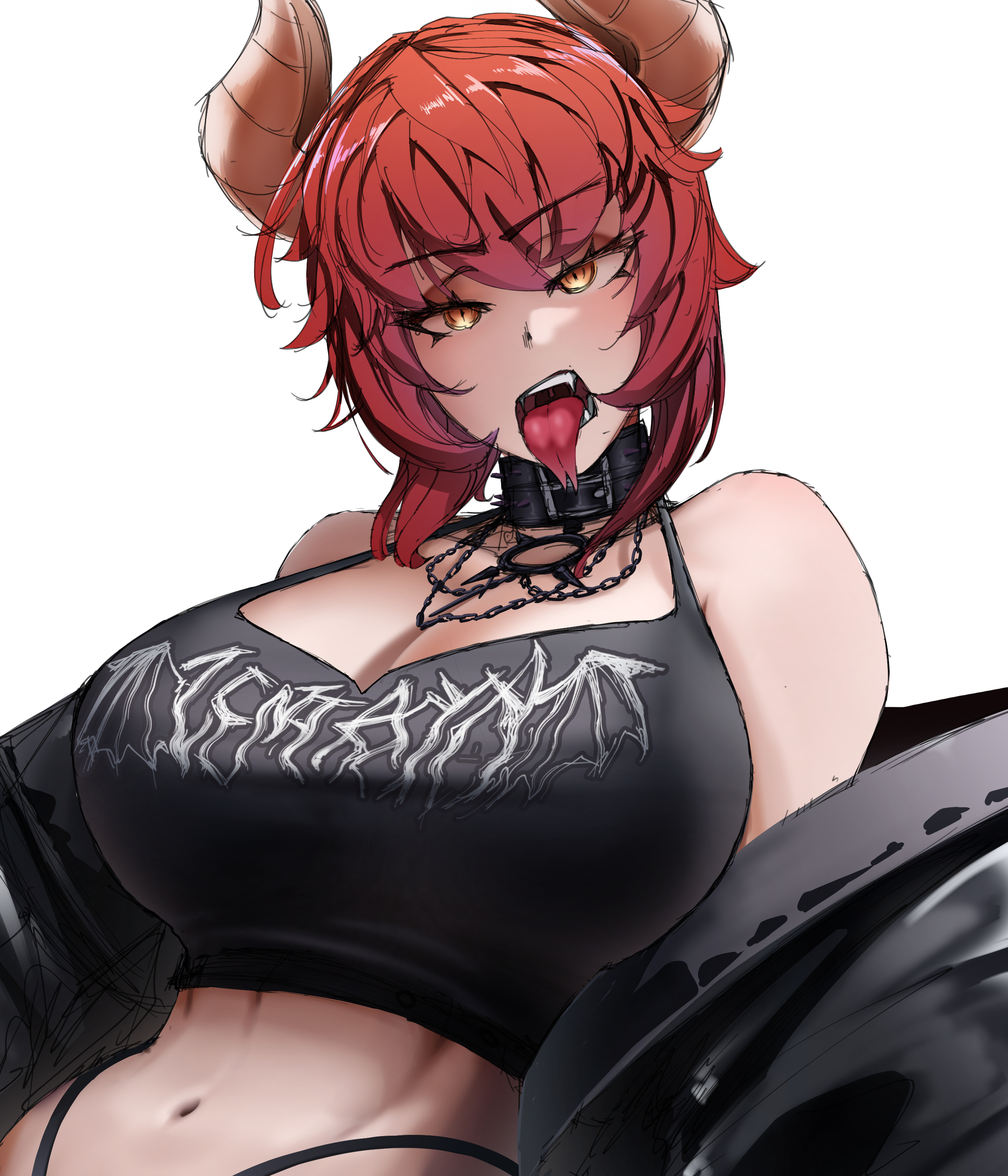 1girls, 2023, bare shoulders, belly, big breasts, black collar, black top, black topwear, breasts, busty, cleavage, collar, eyebrows visible through hair, eyelashes, female, highleg, horns, kenart7 7, large breasts, looking at viewer, navel, red hair, simple background, solo, split tongue, teeth, tongue, tongue out, top, topwear, upper body, virtual youtuber, vshojo, white background, yellow eyes, zentreya, zentreya (dragon)