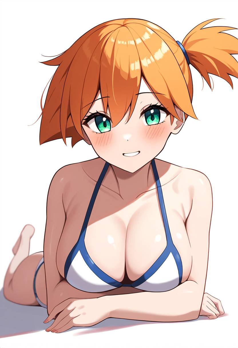 adapted costume, ai generated, armpits, asymmetrical hair, bangs, bare legs, beach, bikini, breasts, clothing, cowboy shot, eyelashes, female, female only, game freak, gen 1 pokemon, green eyes, gym leader, hair tie, high resolution, hips, huge breasts, kasumi (pokemon), large breasts, legs, nintendo, nipples, orange hair, pokemon, pokemon (anime), pokemon (game), pokemon character, pokemon rgby, pokemon species, pokemon trainer, ponytail, shirt, short hair, shorts, side ponytail, solo, swimsuit, thighs, tied hair, water